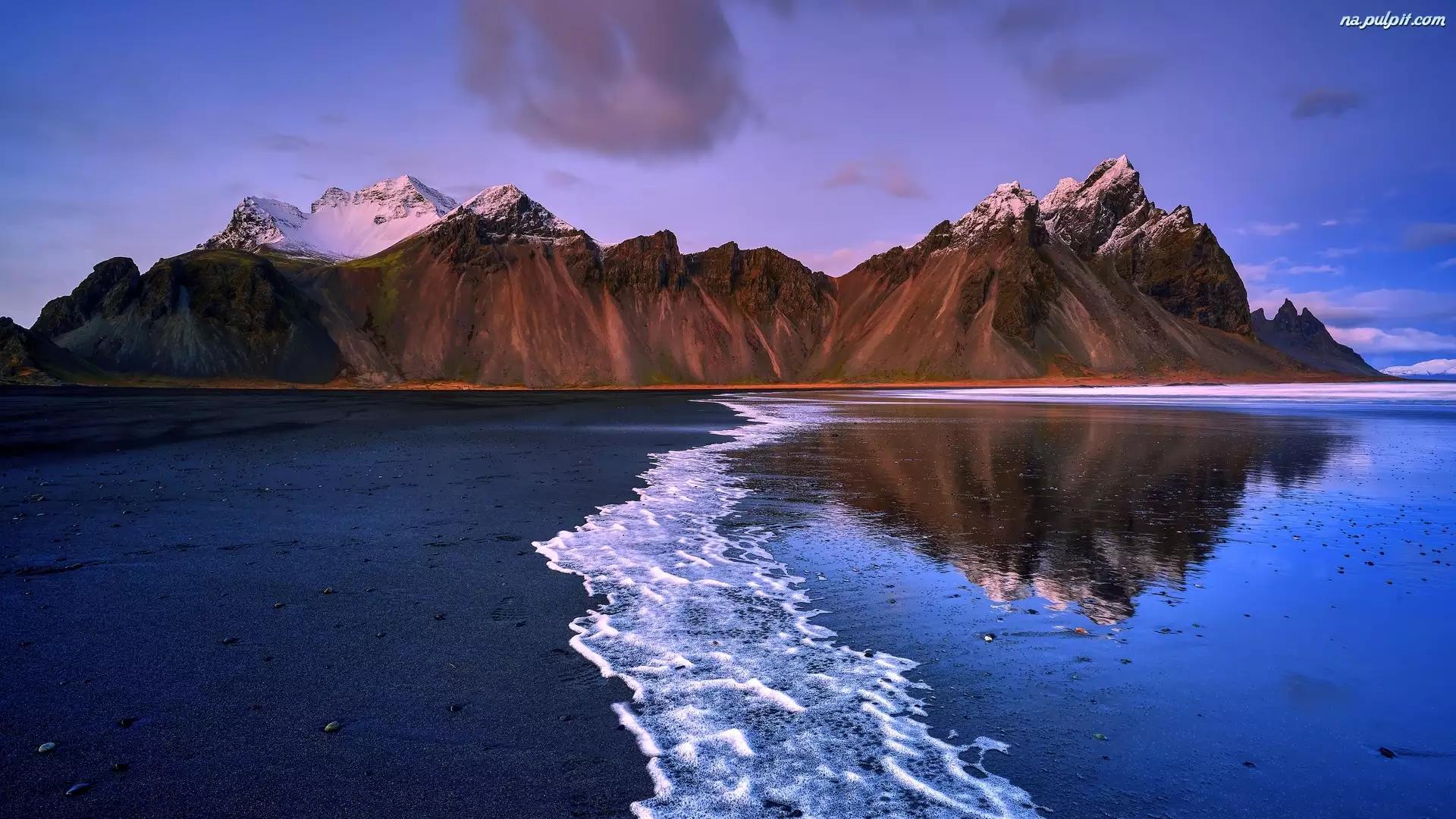 Góra Vestrahorn, Islandia, Góry, Brzeg, Plaża Stokksnes, Morze