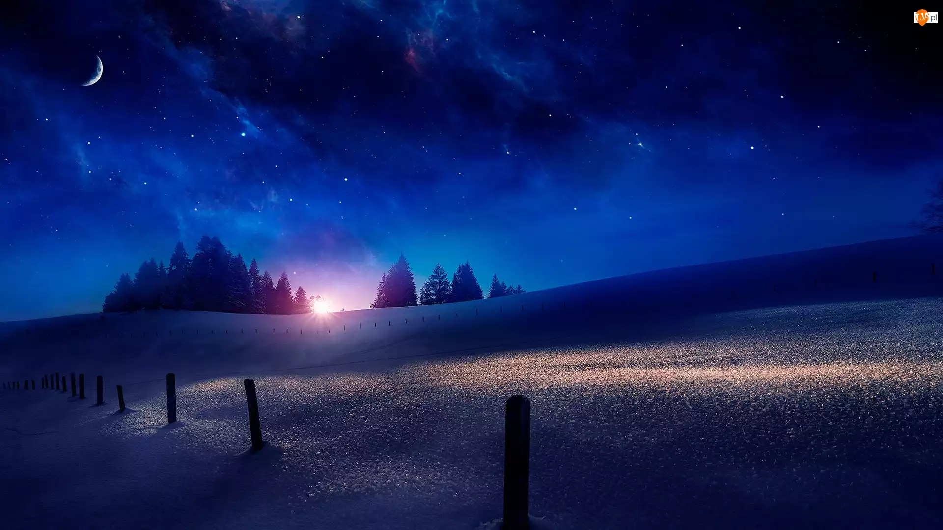 Niebo, Noc, Wzgórza, Zima, Gwiazdy, Drzewa