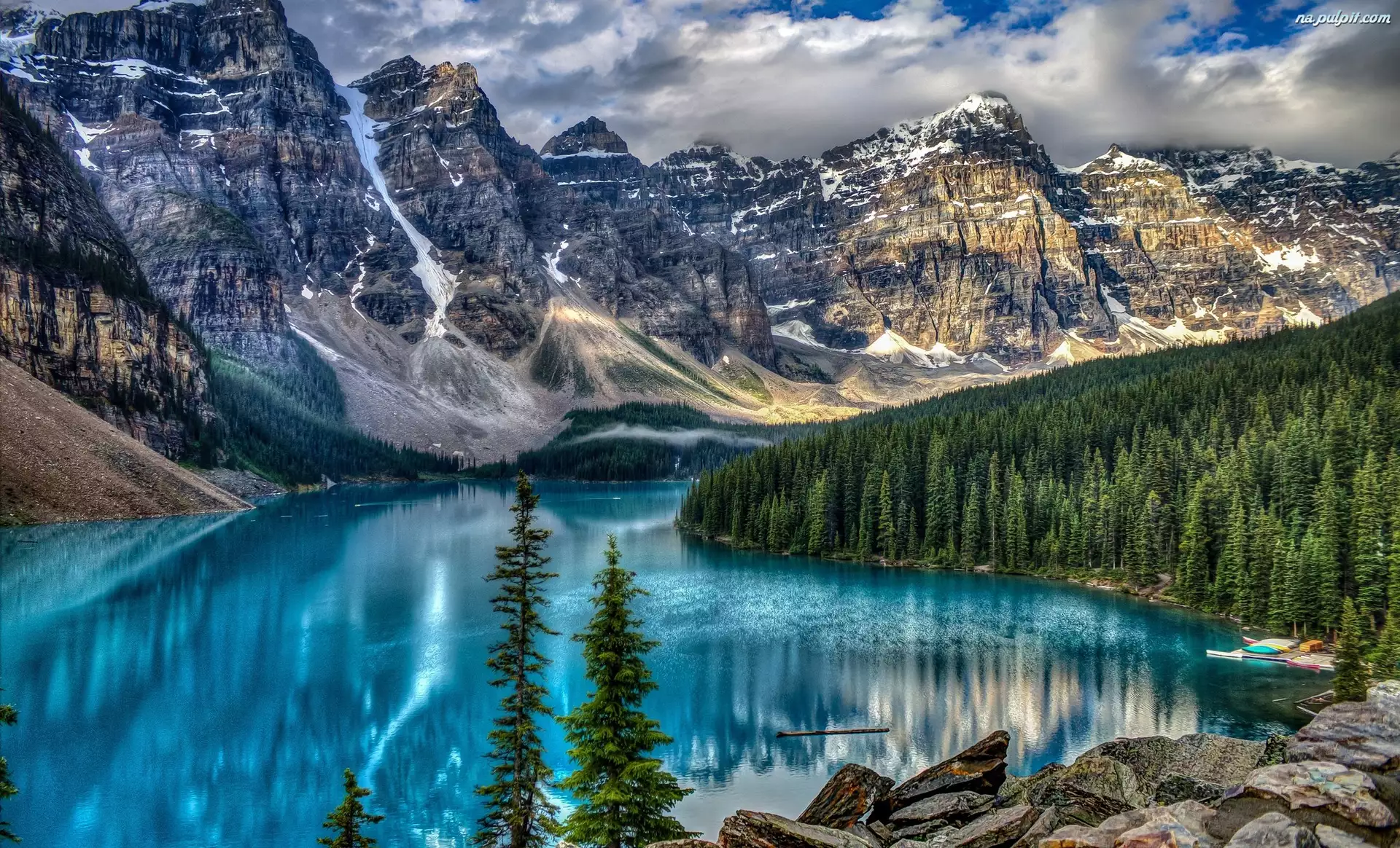 Prowincja Alberta, Kanada, Jezioro Moraine, Drzewa, Park Narodowy Banff, Góry