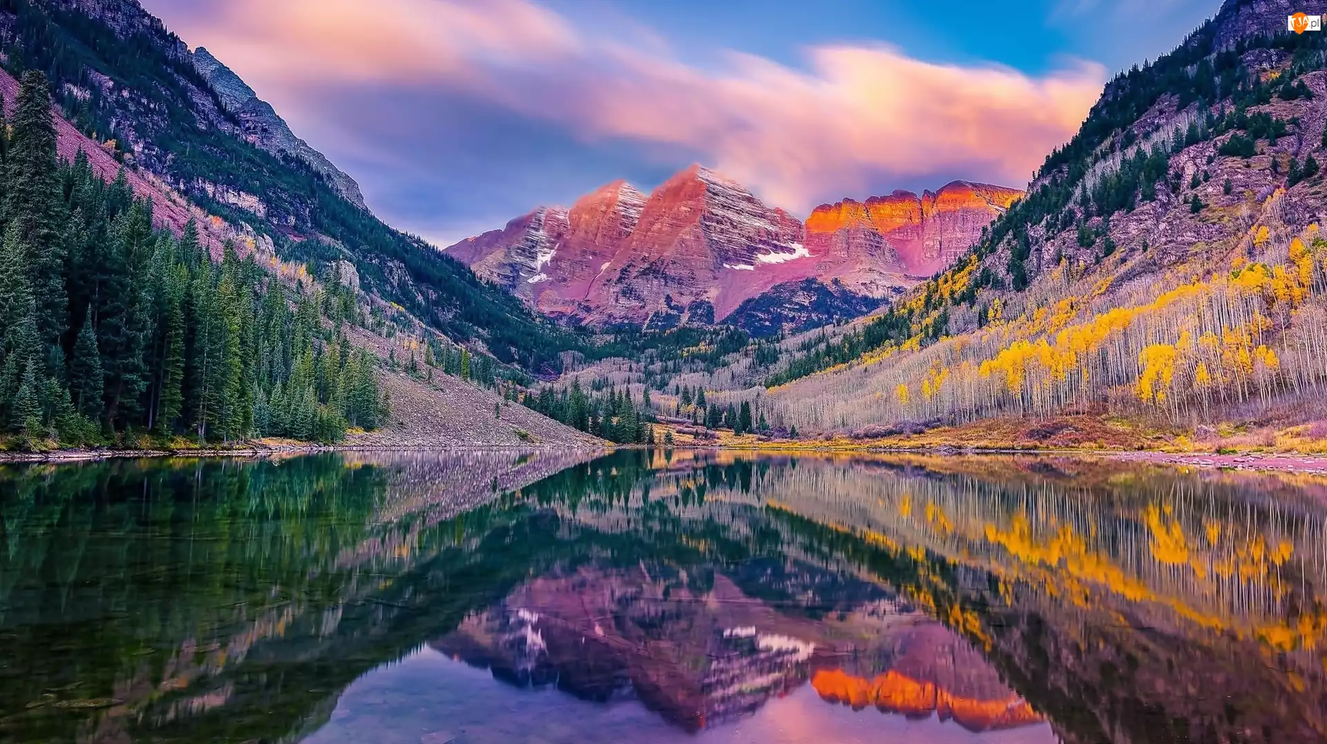 Stan Kolorado, Góry, Odbicie, Stany Zjednoczone, Drzewa, Jezioro Maroon, Szczyty Maroon Bells
