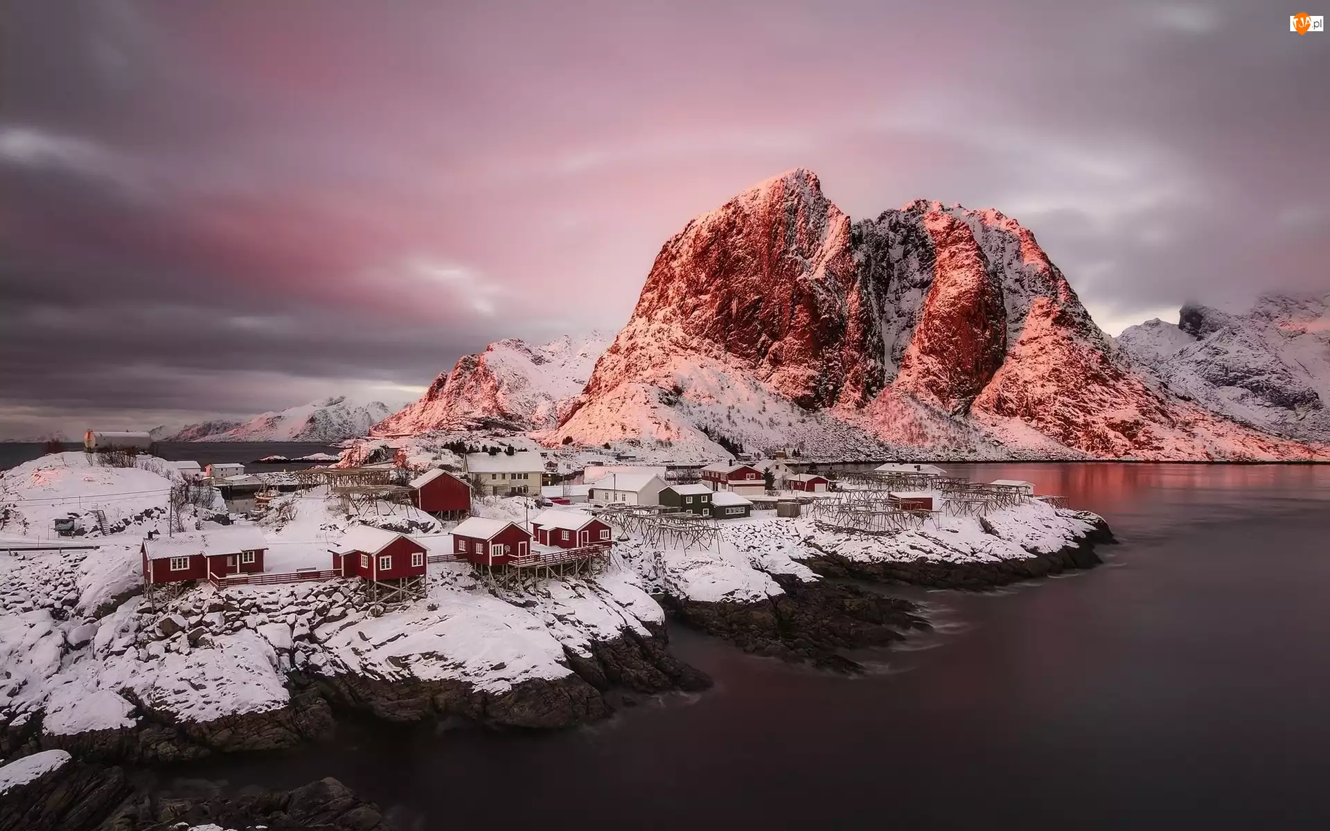 Norwegia, Domy, Lofoty, Góry, Zima