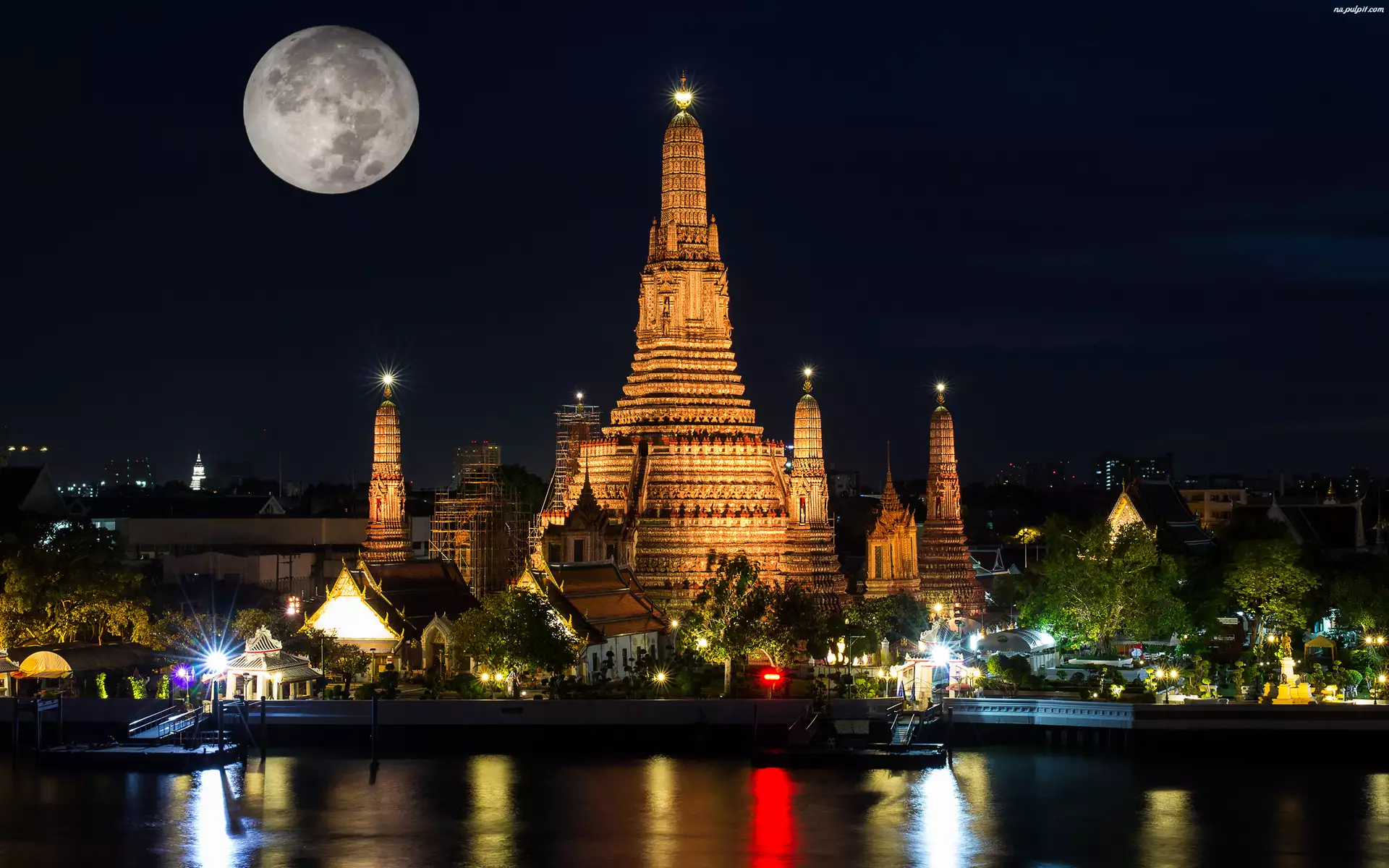 Bangkok, Tajlandia, Świątynia Świtu Wat Arun, Księżyc, Rzeka Menam, Noc