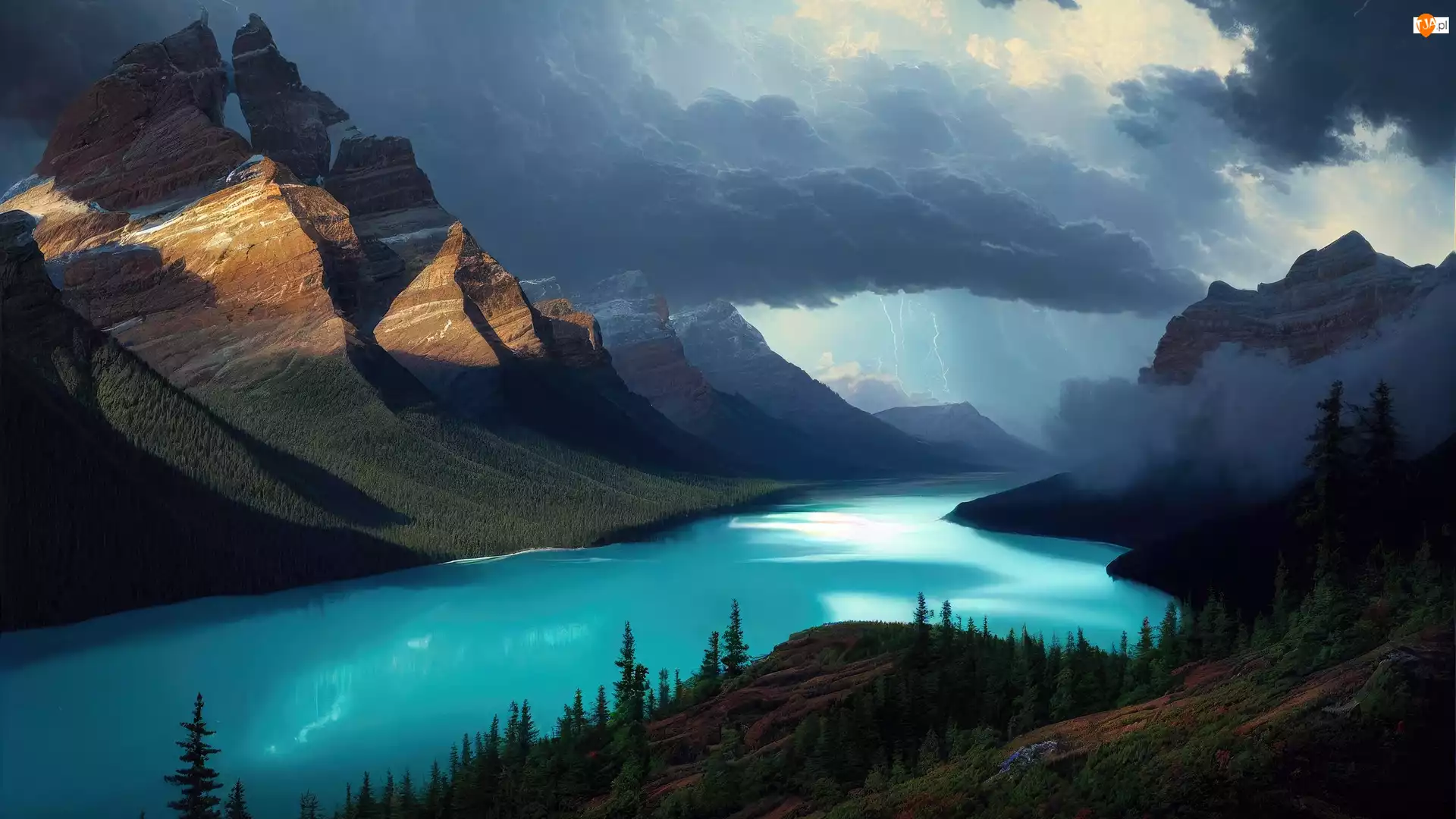 Chmury, Park Narodowy Banff, Góry, Alberta, Jezioro, Lasy, Kanada, Peyto Lake