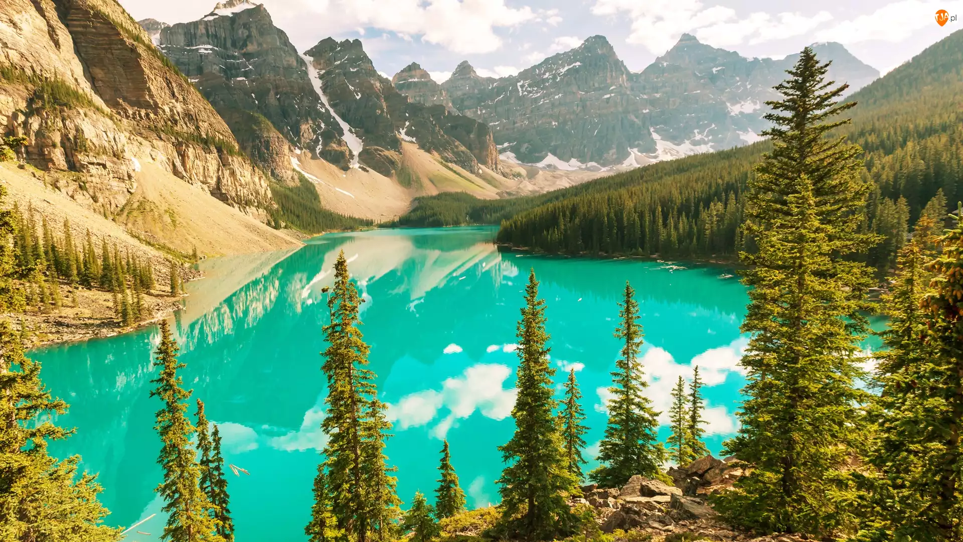 Prowincja Alberta, Park Narodowy Banff, Góry, Kanada, Drzewa, Dolina Dziesięciu Szczytów, Jezioro Moraine