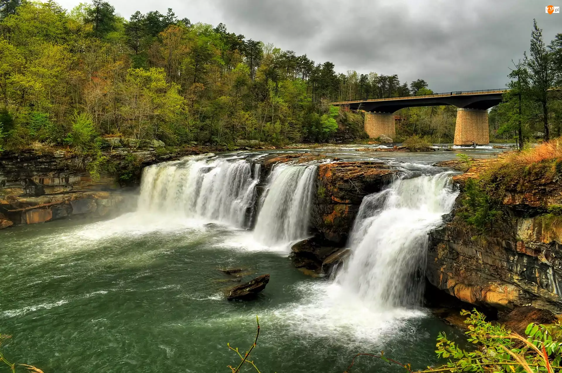 Stan Alabama, Little River Canyon National Preserve, Las, Stany Zjednoczone, Rzeka, Wodospad Little River Falls, Most