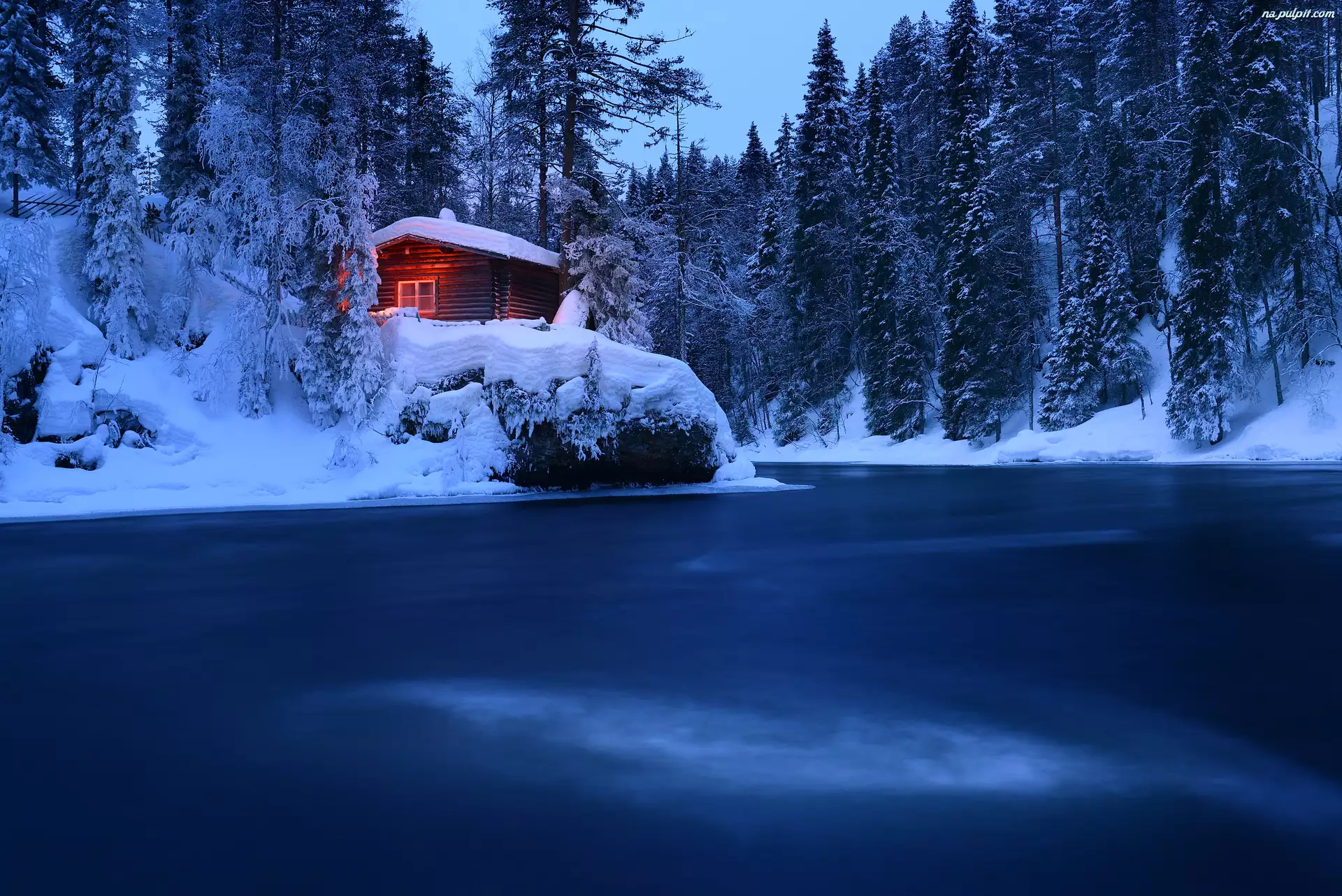 Finlandia, Drzewa, Park Narodowy Oulanka, Chata, Śnieg, Zima, Rzeka, Zmrok, Drewniana, Laponia
