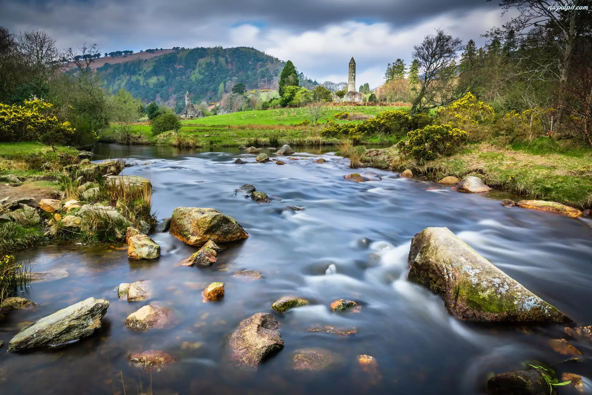 Kamienie, Rzeka Poulanass, Dolina Glendalough, Irlandia, Wieże, Hrabstwo Wicklow