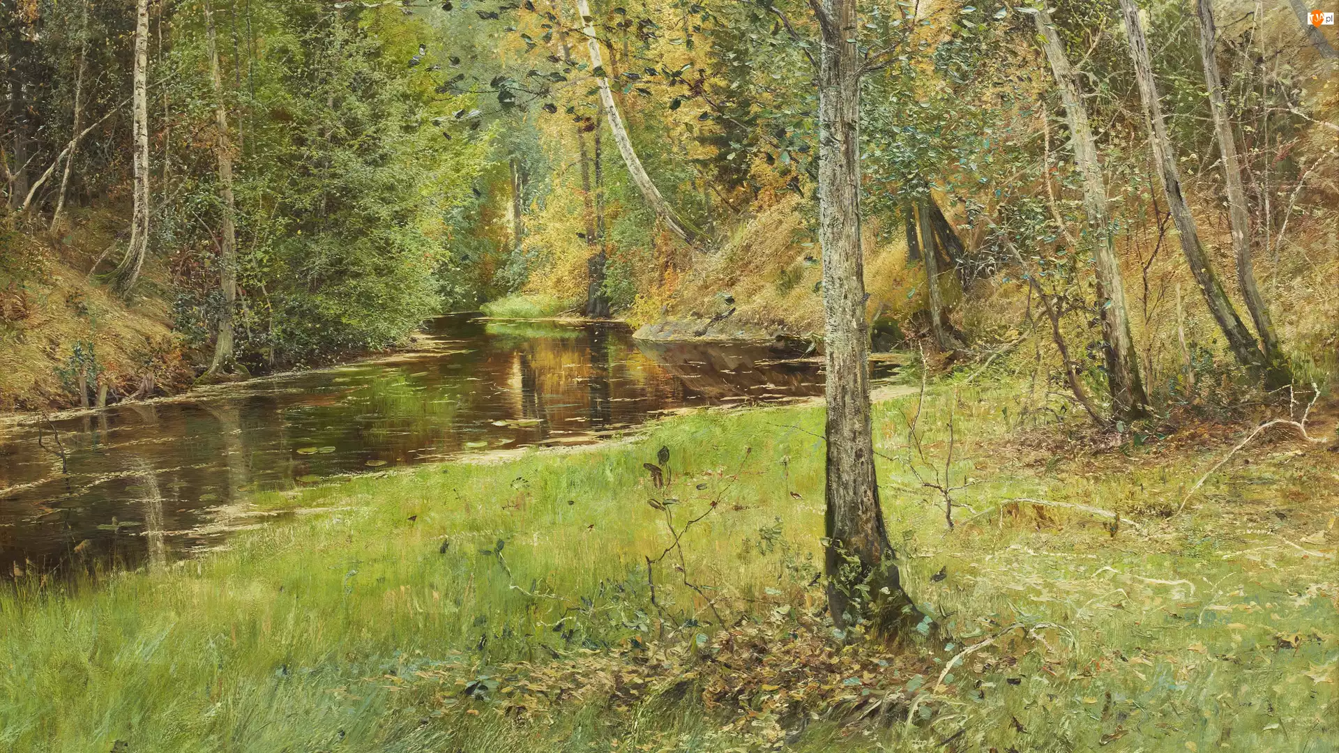 Rzeka, Drzewa, Anshelm Schultzberg, Las, Obraz, Malarstwo, Trawa