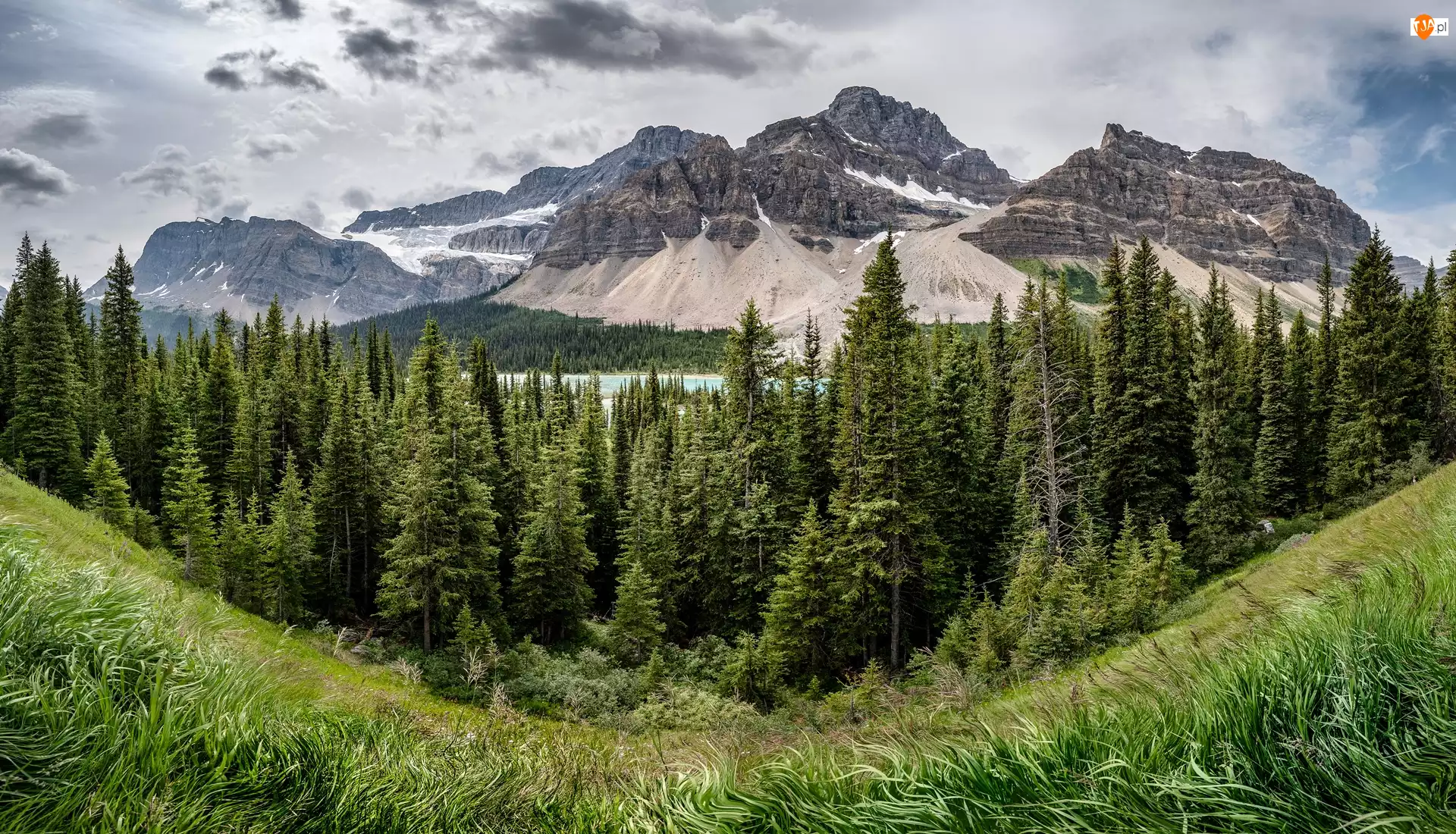 Góry, Jezioro Bow Lake, Kanada, Park Narodowy Banff, Prowincja Alberta, Chmury, Drzewa