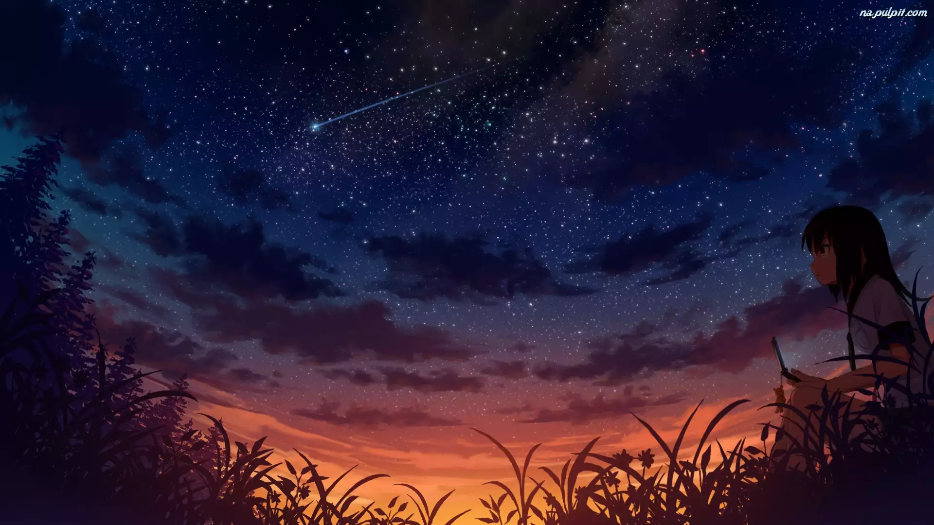 Anime, Dziewczyna, Niebo, Gwiazdy