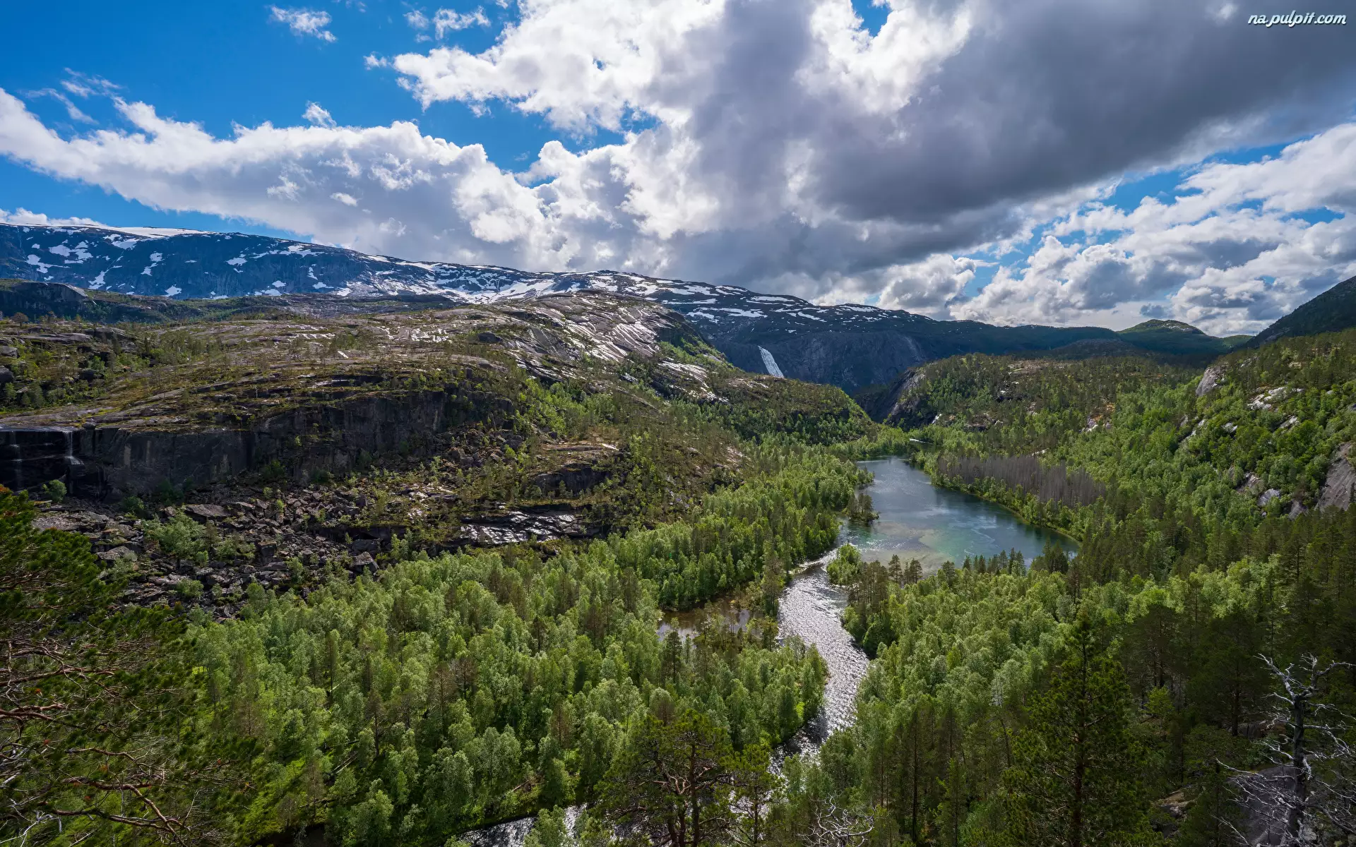 Park Narodowy Rago, Norwegia, Lasy, Chmury, Góry, Rzeka