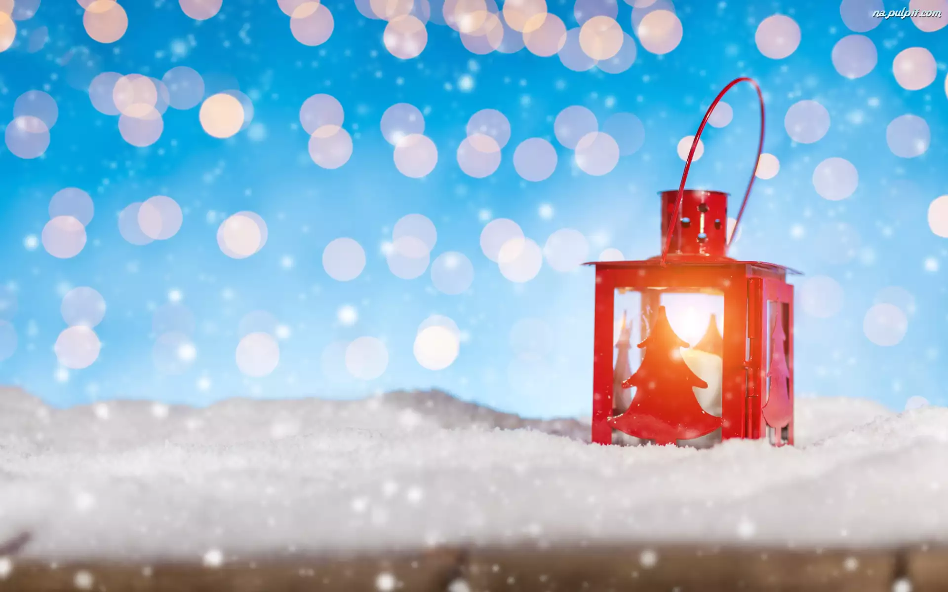 Lampion, Bokeh, Świąteczny, Czerwony, Śnieg