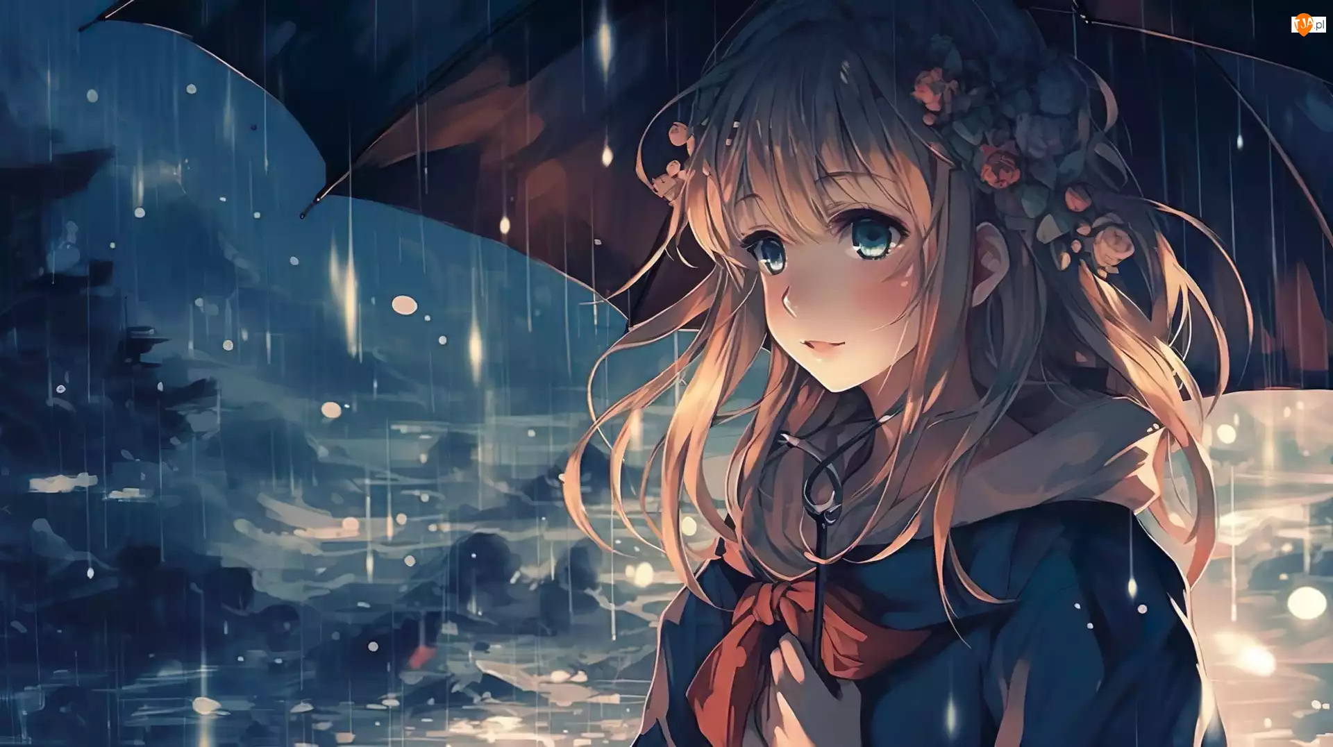 Anime, Dziewczyna, Parasol, Morze