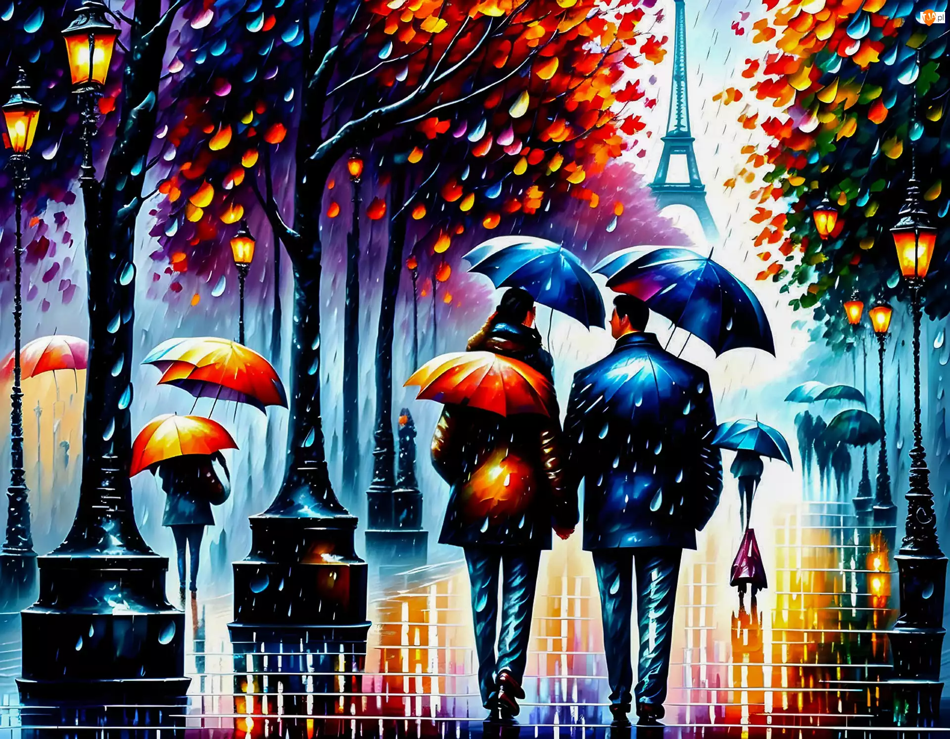 Parasol, Ludzie, Ulica, Grafika, Deszcz, Paryż