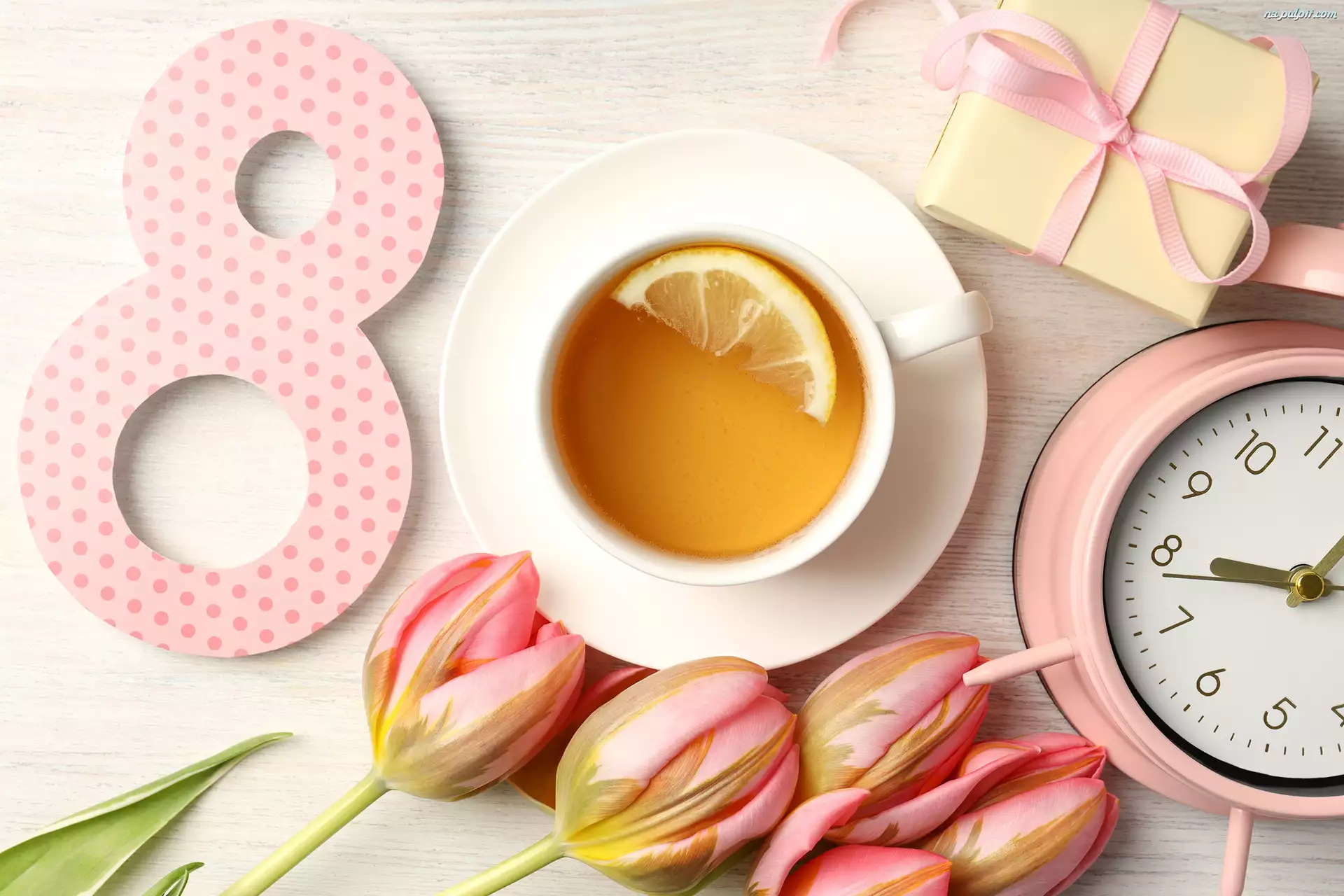 Herbata, DzieĹ Kobiet, Prezent, Budzik, FiliĹźanka, Tulipany