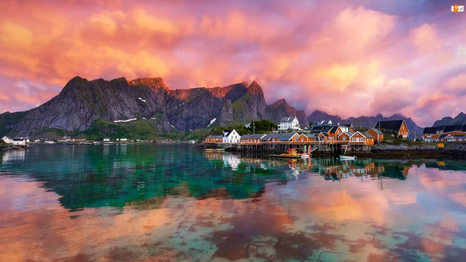 Lofoty, Morze, Niebo, Norwegia, Kolorowe, Domy, Góry