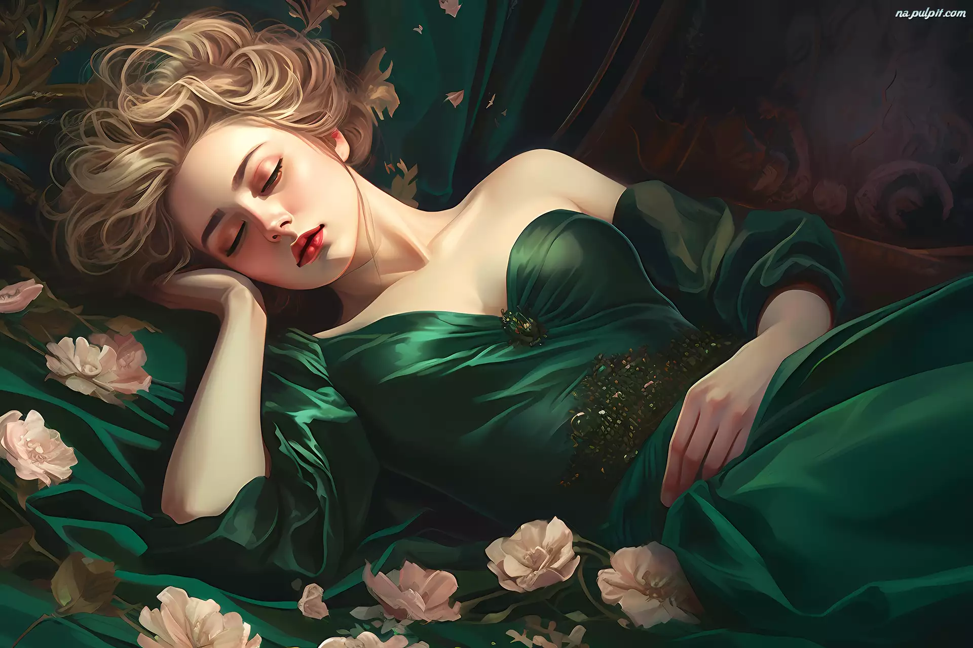 Zielona, Grafika, Kobieta, Śpiąca, Suknia