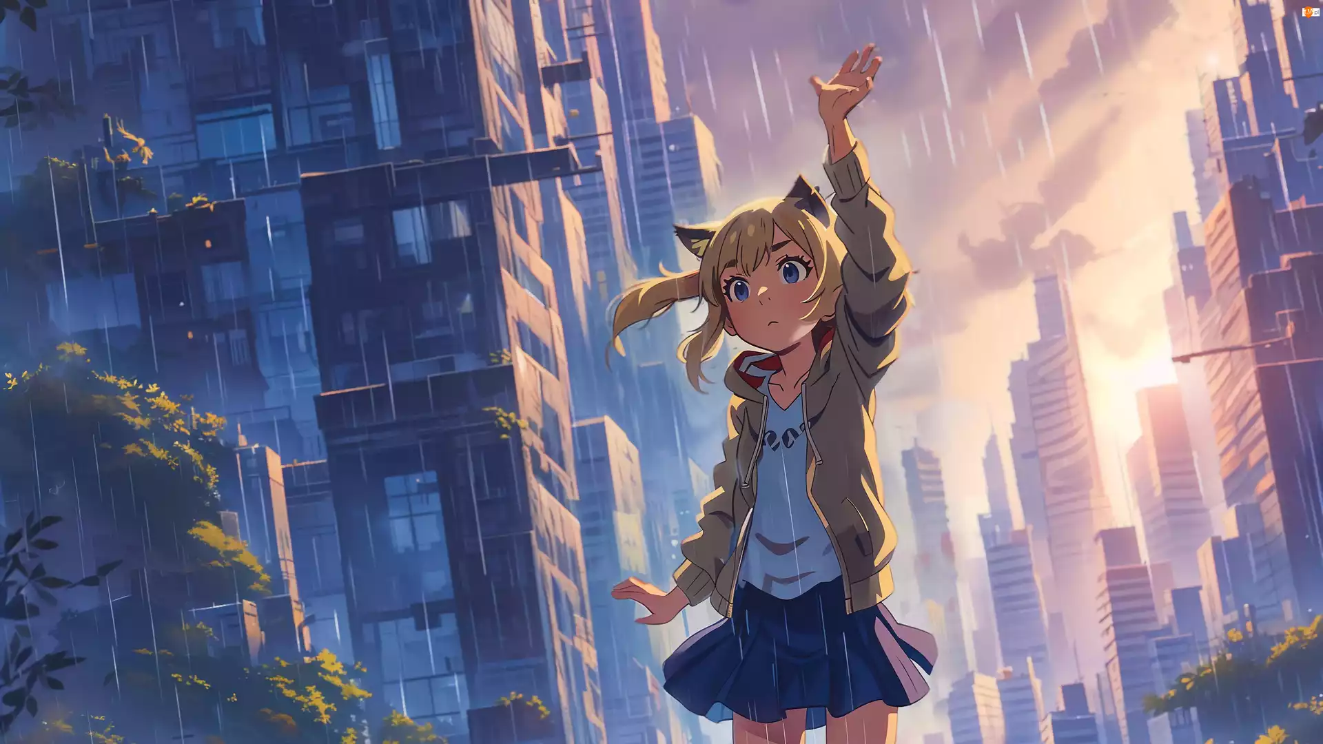 Anime, Dziewczyna, Deszcz, Domy