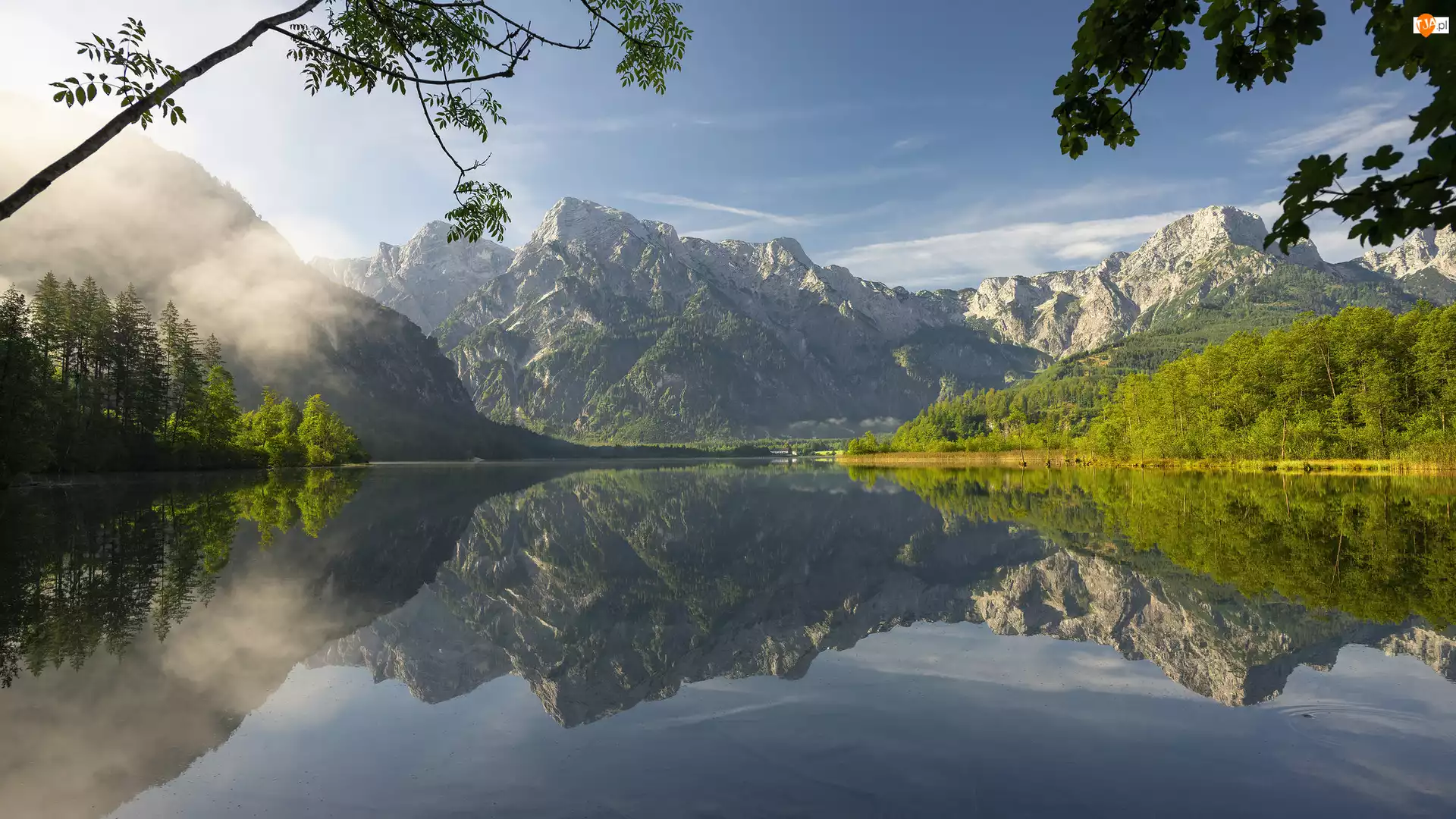 Jezioro, Góry, Drzewa, Austria, Almsee, Odbicie
