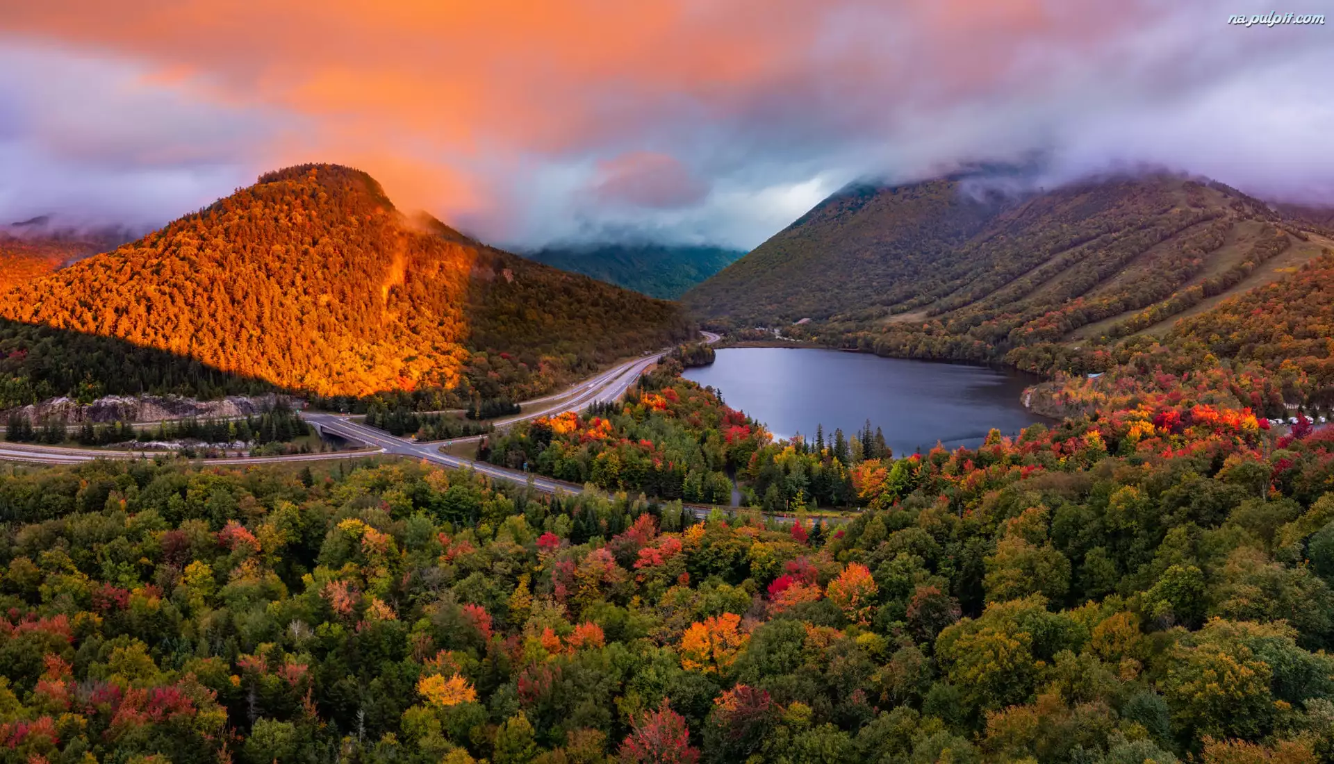 Stany Zjednoczone, Drzewa, Droga, Lasy, Jezioro, Jesień, Góry, Echo Lake, White Mountains, Stan New Hampshire
