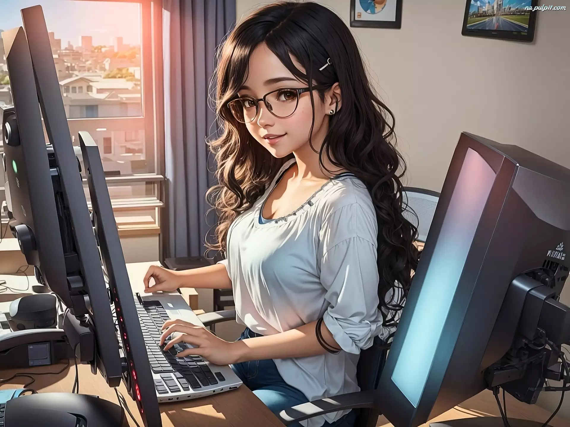Grafika, Dziewczyna, Okulary, Komputer