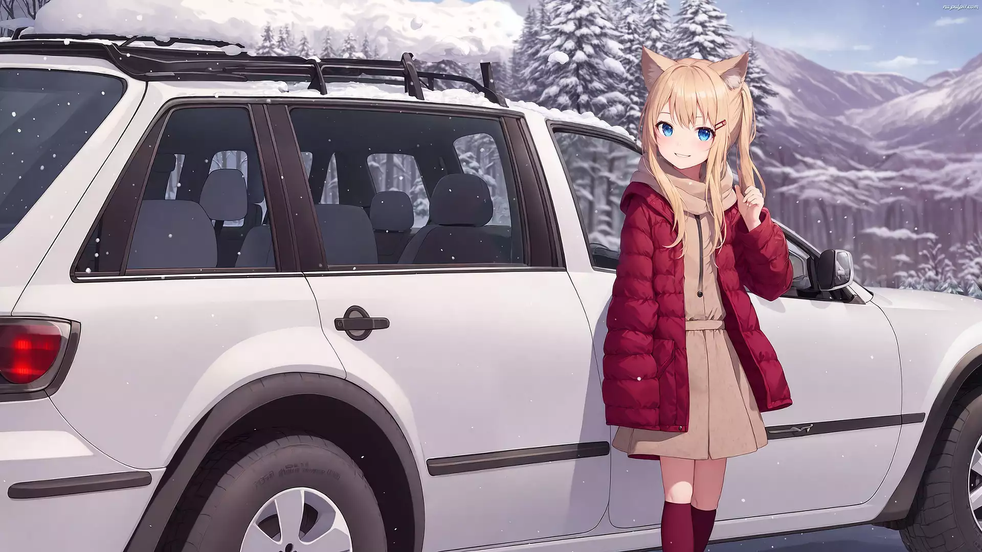 Samochód, Anime, Uszy, Dziewczyna, Zima