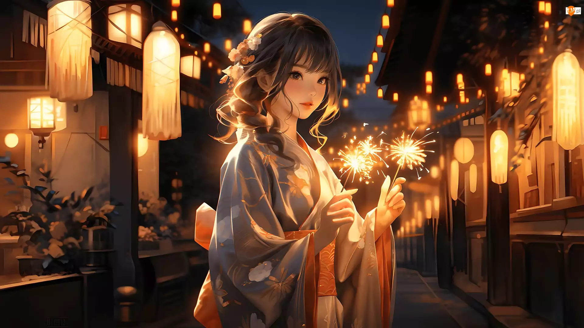 Anime, Dziewczyna, Kimono, Sztuczne ognie