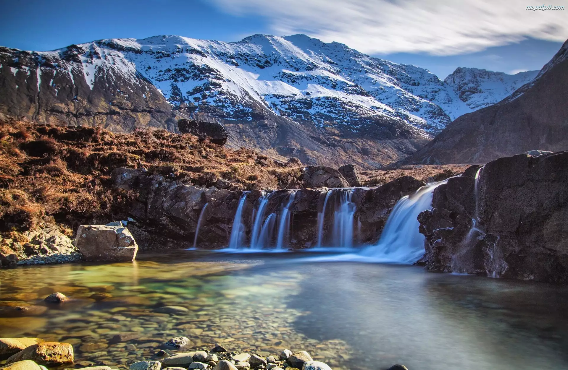 Wodospad, Szkocja, Góry, Jezioro, Wyspa Skye, Zbiorniki Fairy Pools, Kamienie, Glen Brittle