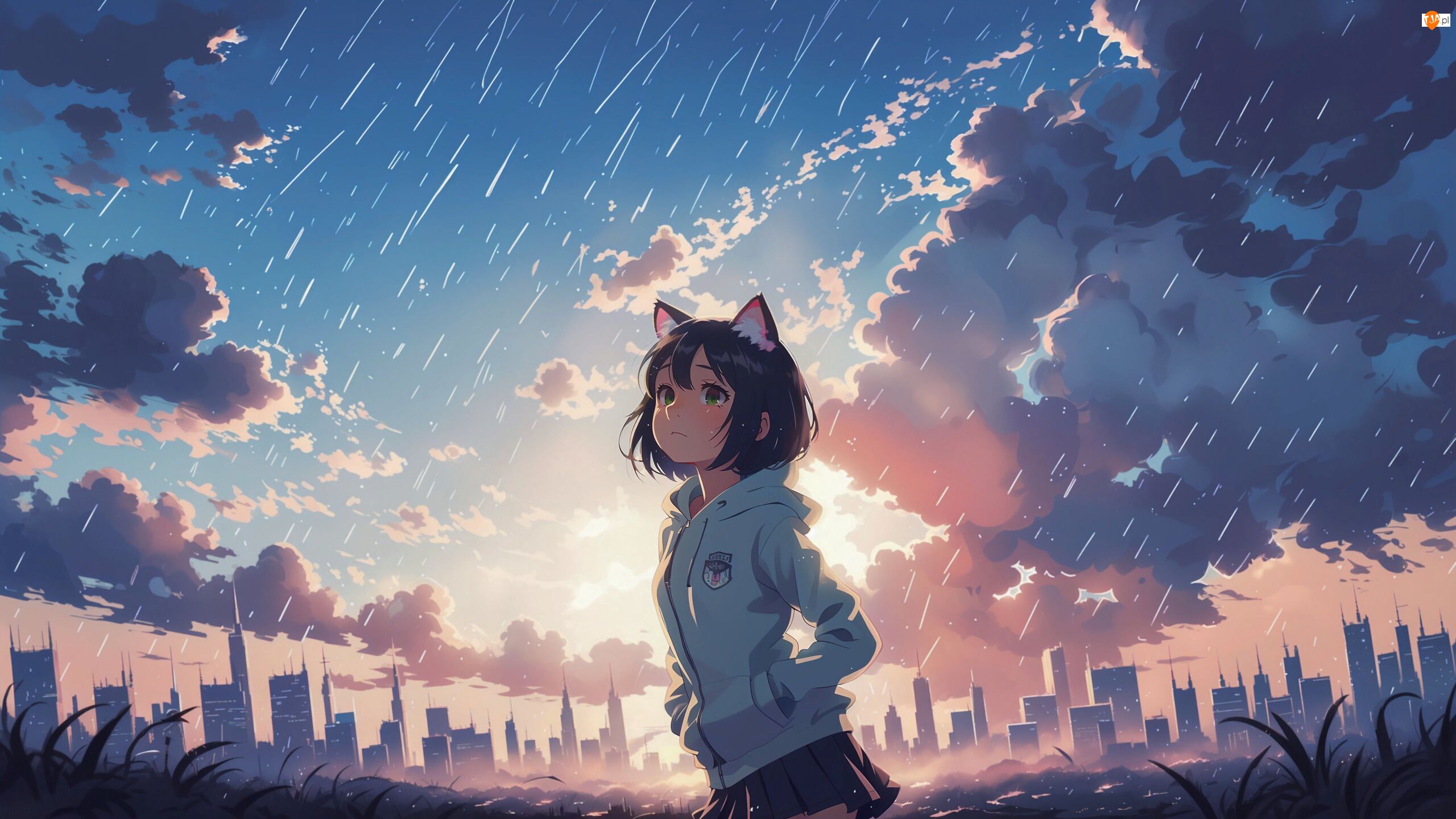 Uszy, Dziewczyna, Chmury, Anime, Niebo, Deszcz