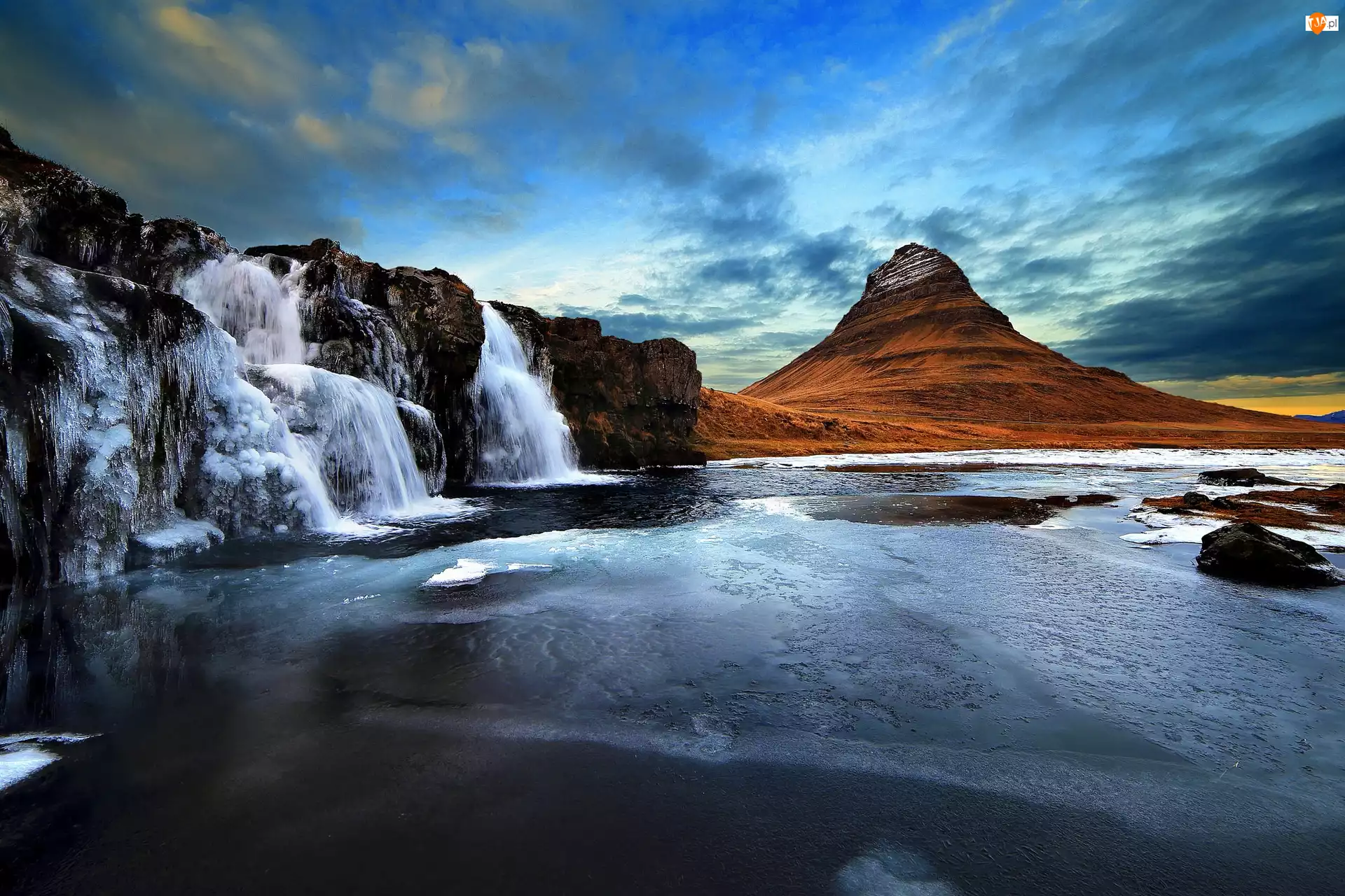 Zamarzające, Islandia, Góra, Zima, Wodospady