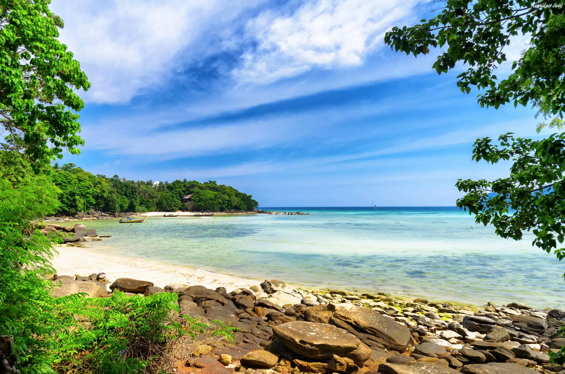 Wyspa Phi Phi, Tajlandia, Plaża, Drzewa, Morze, Kamienie