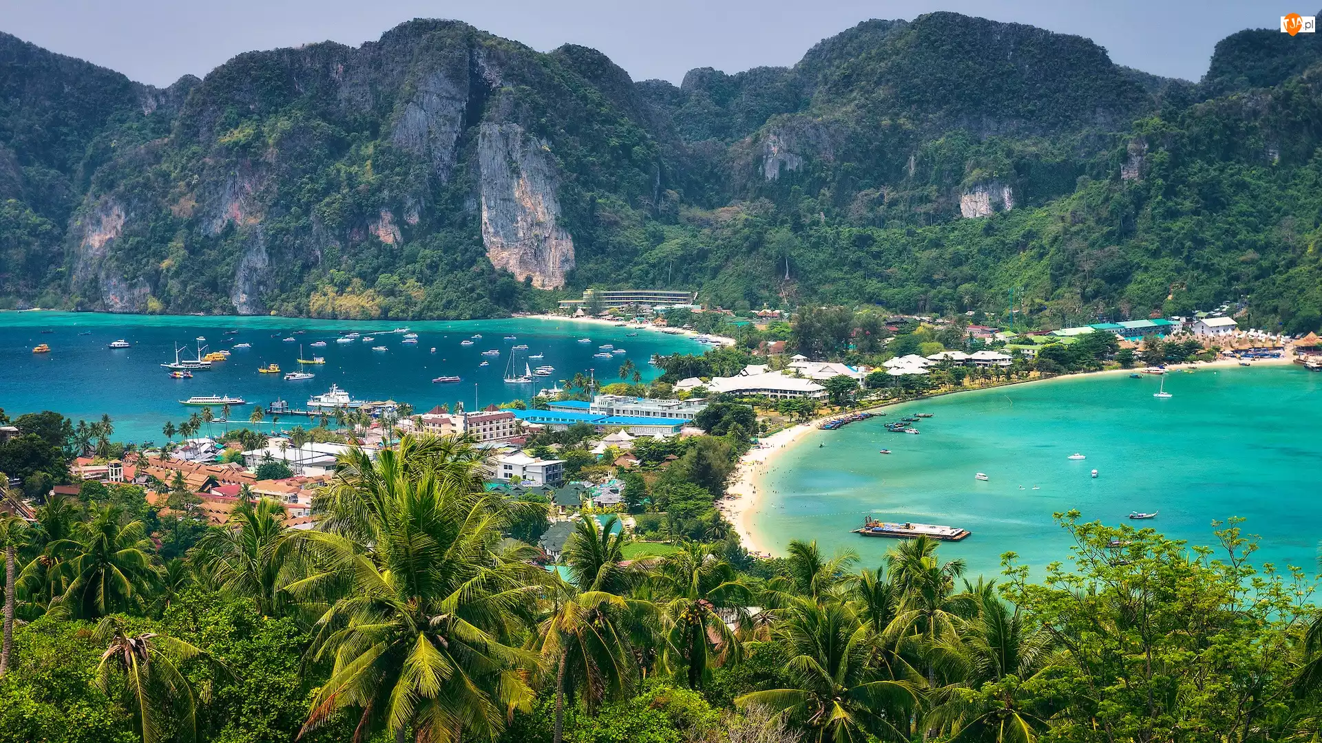 Łódki, Wyspa, Palmy, Zatoki, Plaża, Koh Phi Phi, Góry, Tajlandia, Morze