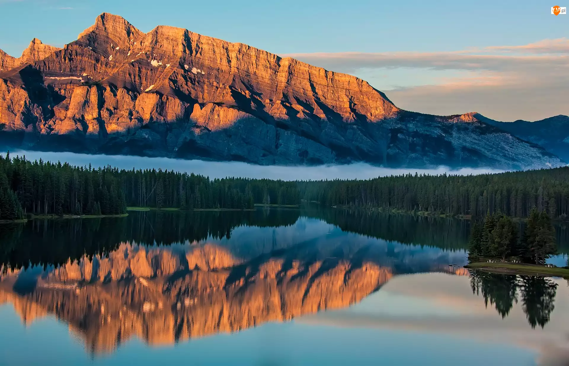 Kanada, Two Jack Lake, Alberta, Las, Odbicie, Góry Skaliste, Góra Mount Rundle, Jezioro, Park Narodowy Banff