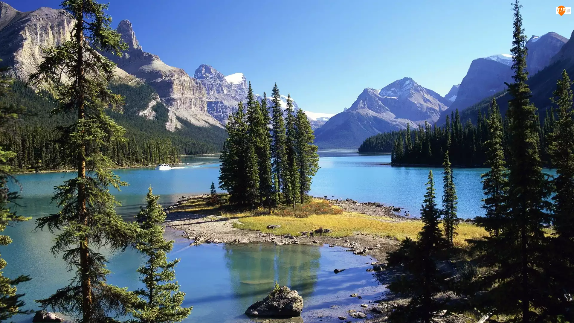 Park Narodowy Jasper, Kanada, Jezioro Maligne Lake, Drzewa, Góry, Wyspa Spirit Island
