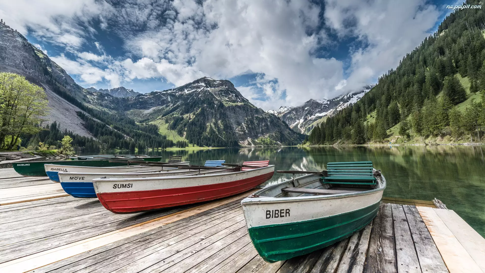 Tyrol, Austria, Jezioro, Pomost, Góry, Łodzie