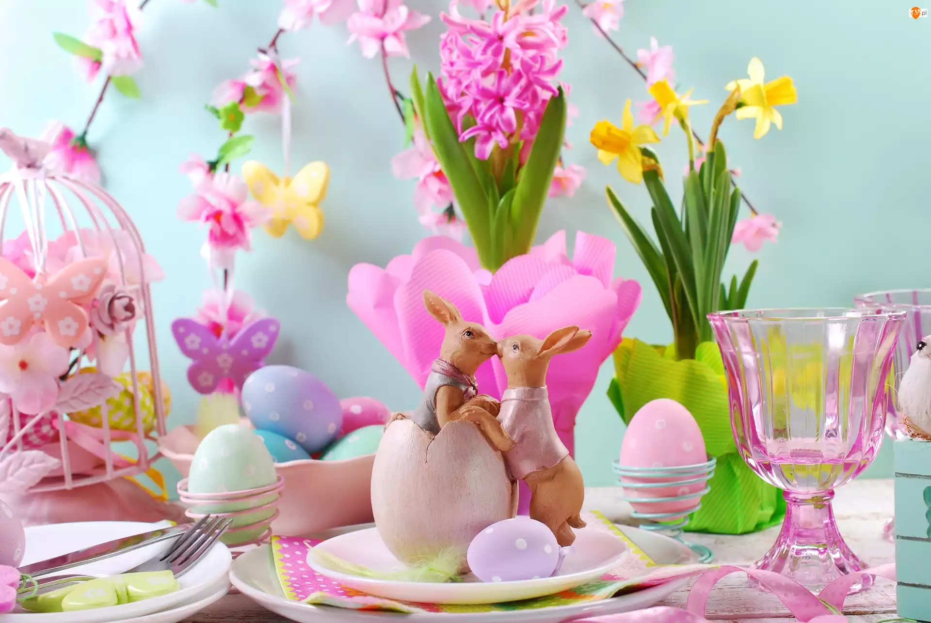 Jajka, Wielkanoc, Kwiaty, Zajączki, Pisanki, Figurka