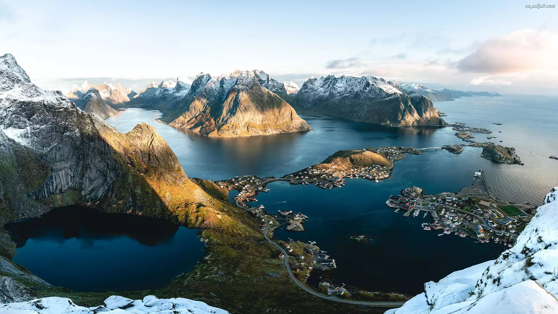Lofoty, Góry, Morze, Norwegia, Niebo, Śnieg, Zima