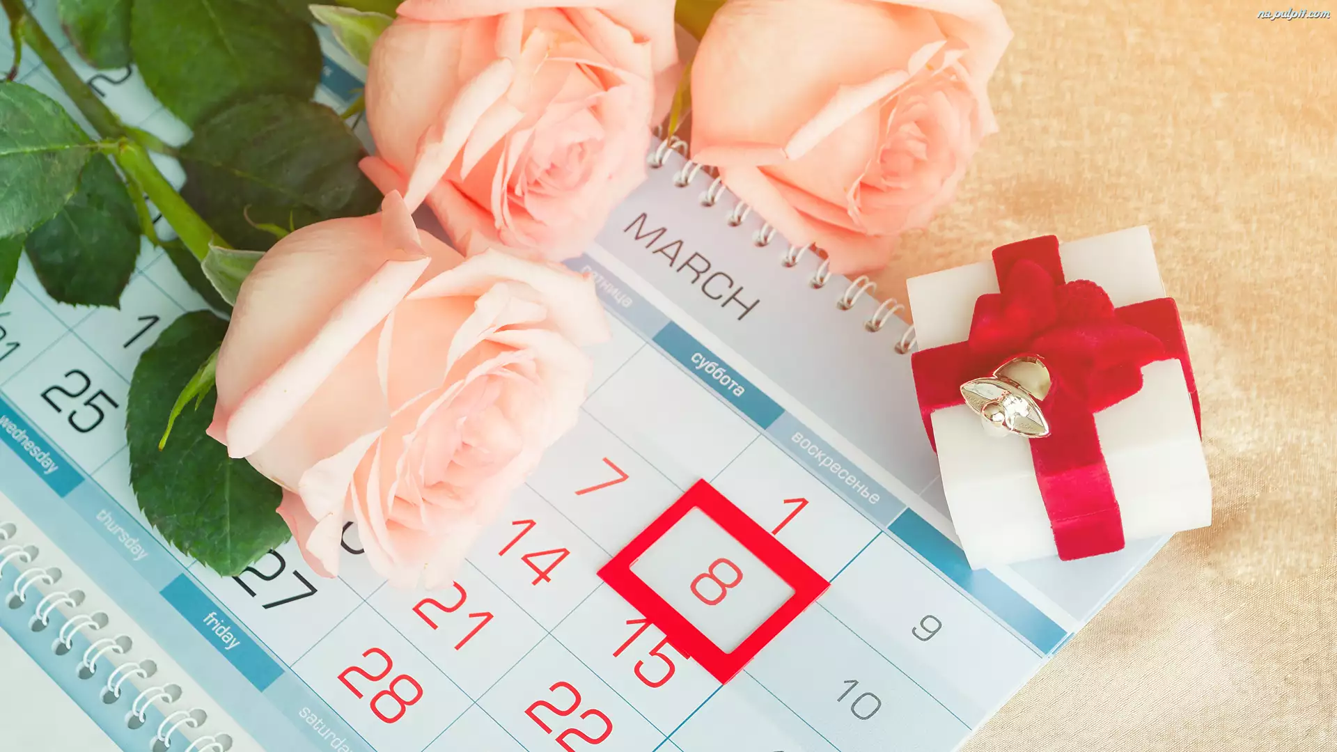 Bukiet, Dzień kobiet, Róże, Prezent, Trzy, Kalendarz