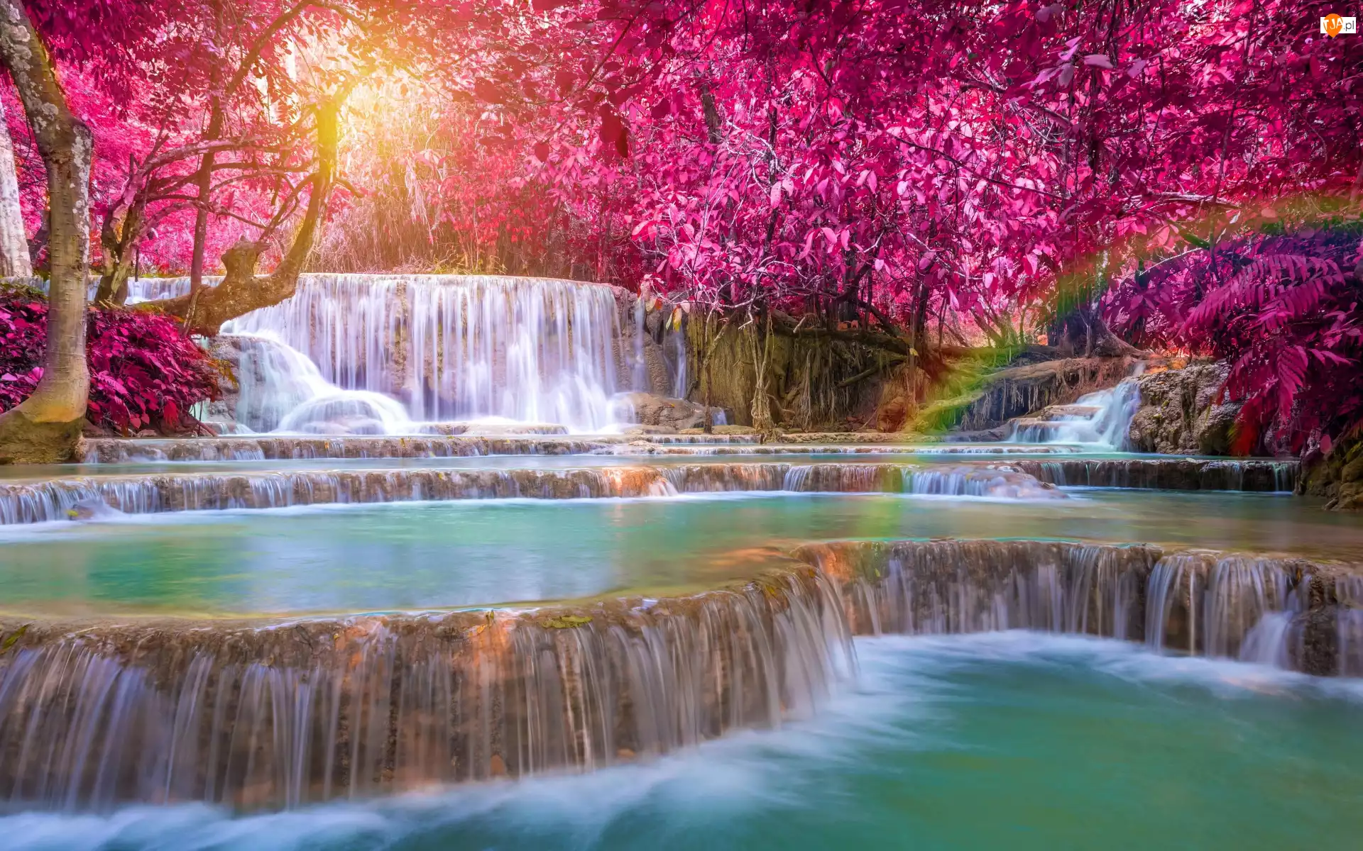 Kolorowe, Laos, Kuang Si Falls, Drzewa, Prowincja Louangphrabang, Kaskady, Tęcza, Wodospad