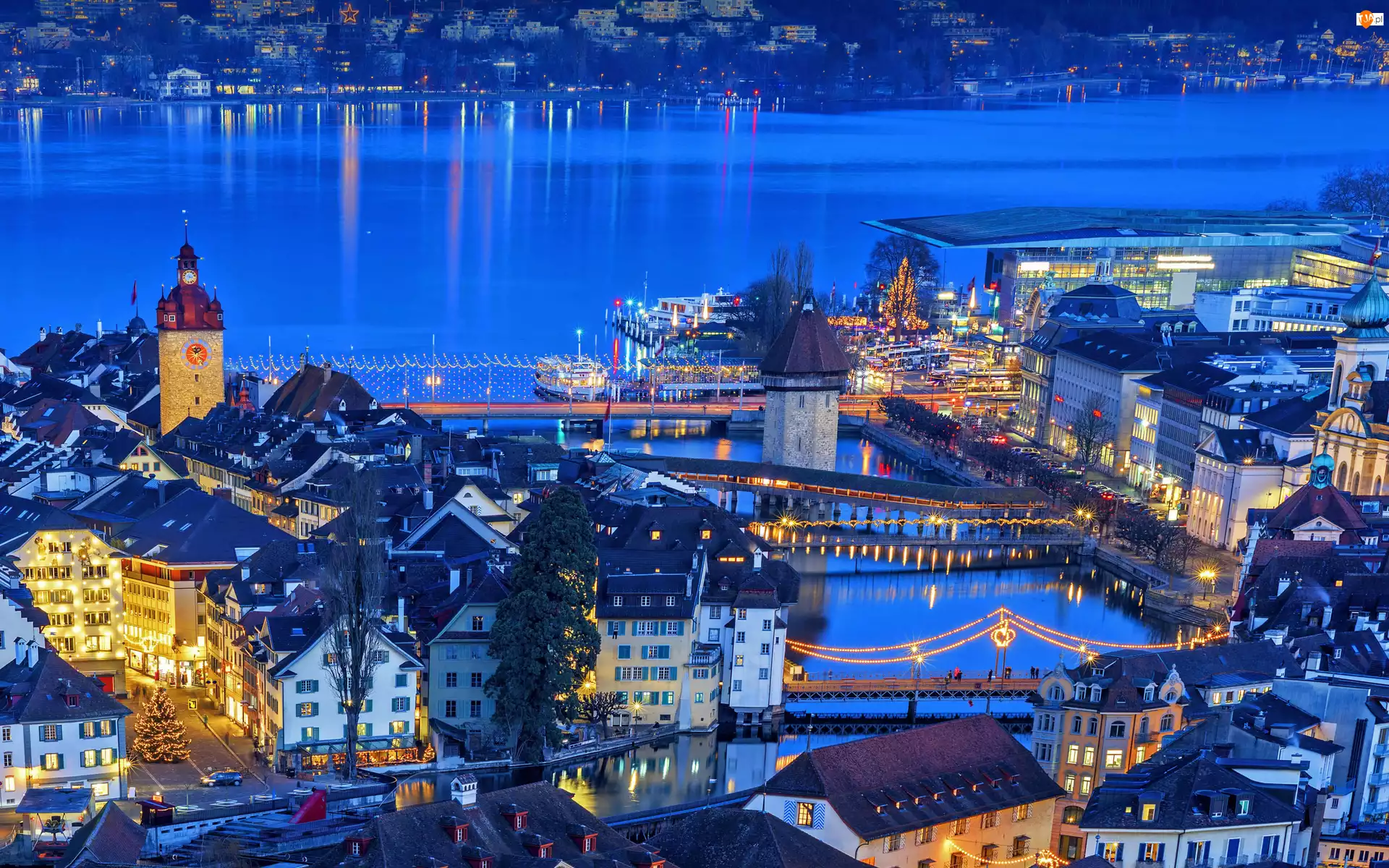 Szwajcaria, Wieża zegarowa, Lucerna, Rzeka Reuss, Jezioro Czterech Kantonów, Domy, Mosty, Stare miasto, Wieża wodna