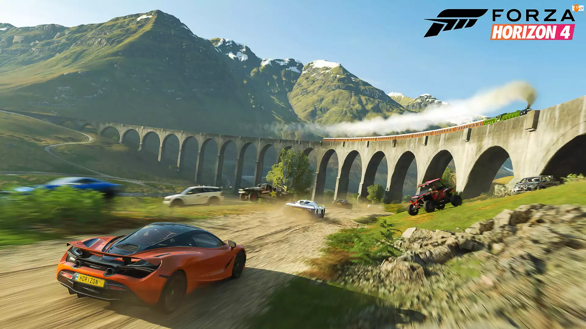 Forza Horizon 4, McLaren, Pociąg, Gra, Wiadukt, Góry, Pomarańczowy
