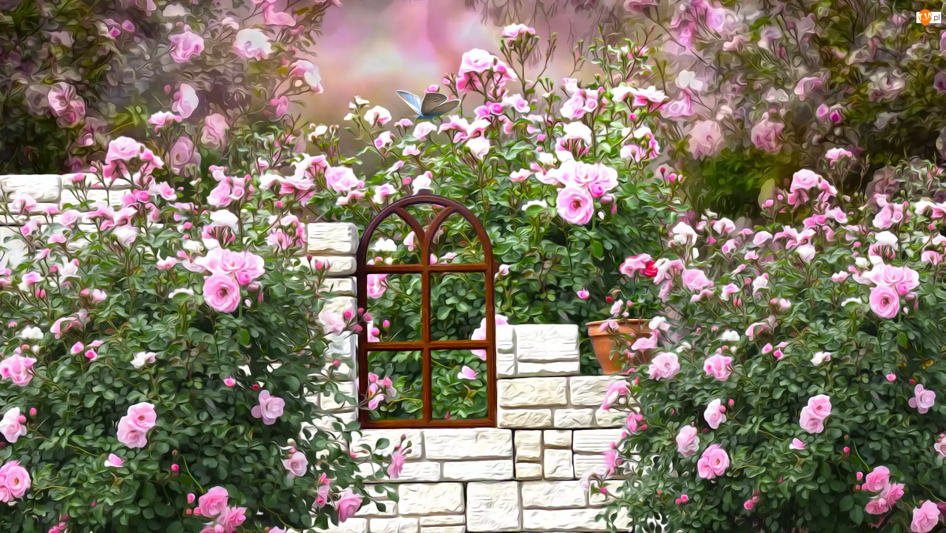 Mur, Grafika, Róże, Ogród, Okno