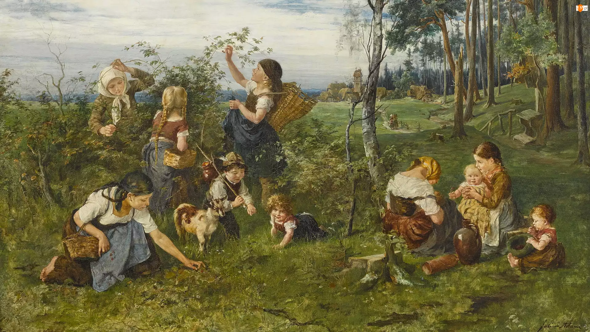 Obraz, Malarstwo, Domy, Dzieci, Julius Anton Adam, Drzewa