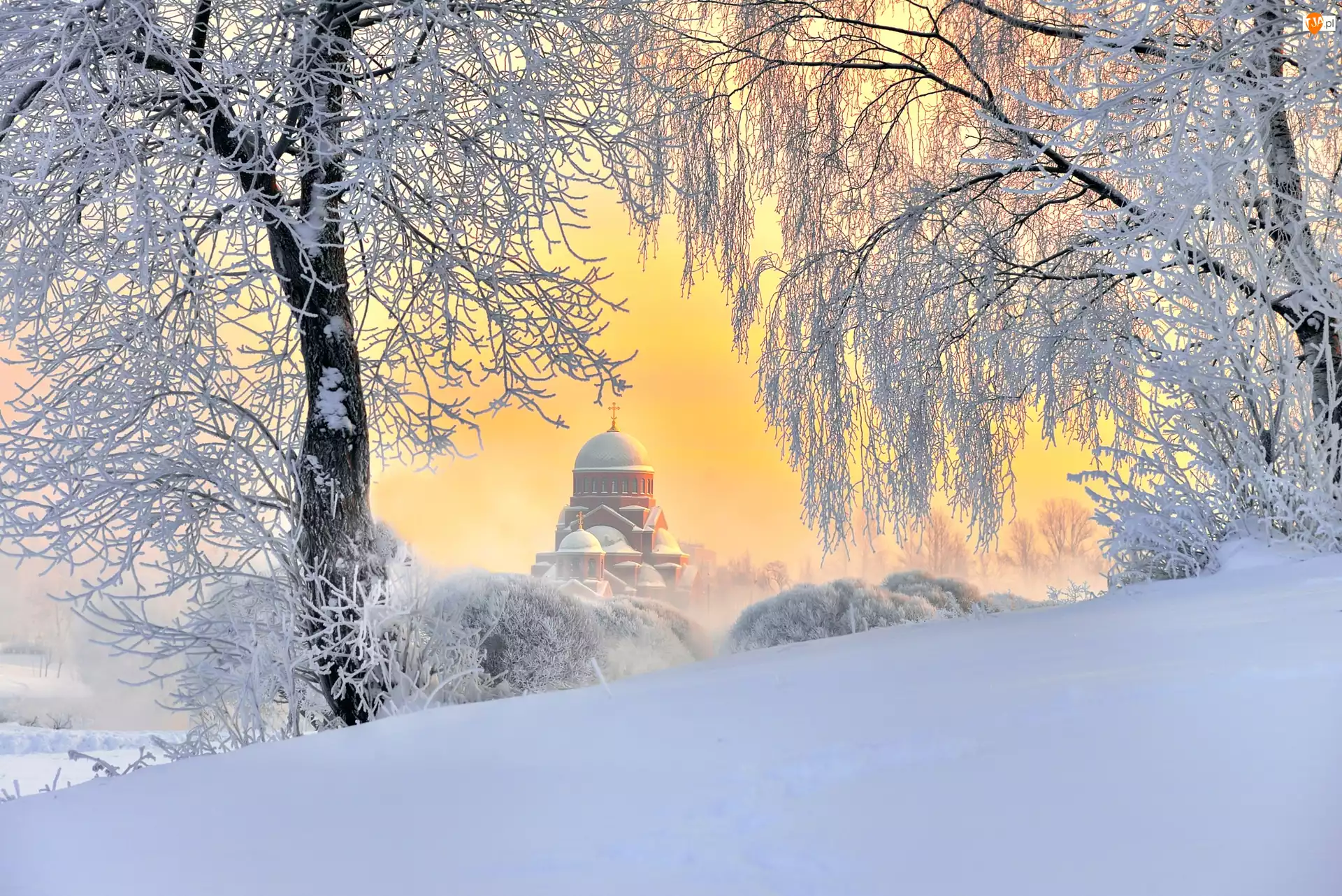 Świt, Drzewa, Śnieg, Zima, Cerkiew