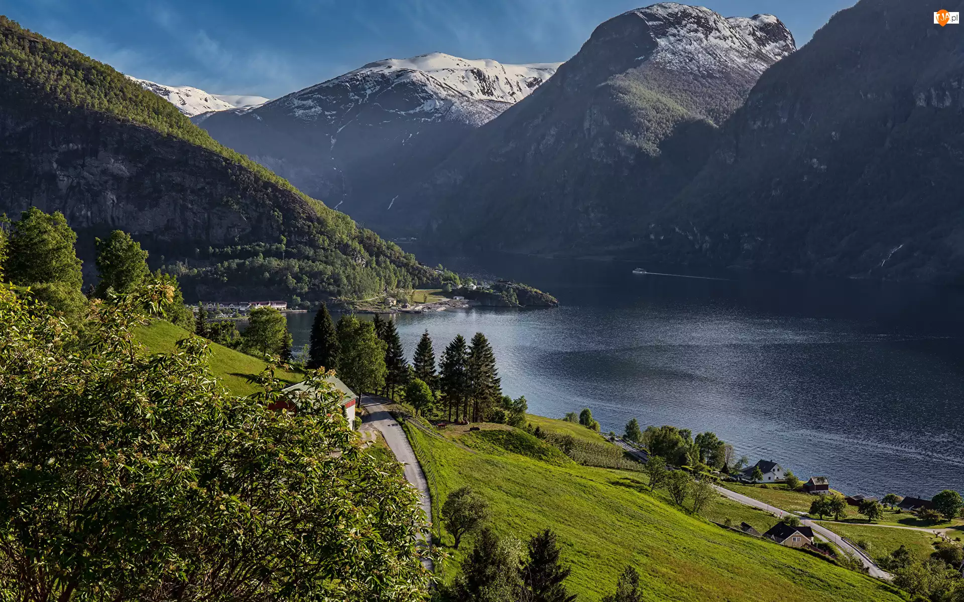 Góry, Gmina Aurland, Drogi, Norwegia, Domy, Aurlandsfjord, Fiord