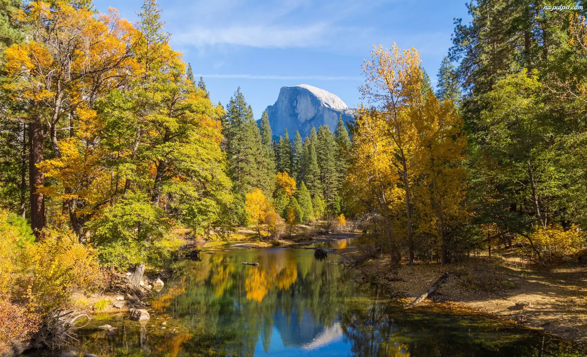Half Dome, Stany Zjednoczone, Jesień, Rzeka Merced, Stan Kalifornia, Góry, Drzewa, Park Narodowy Yosemite