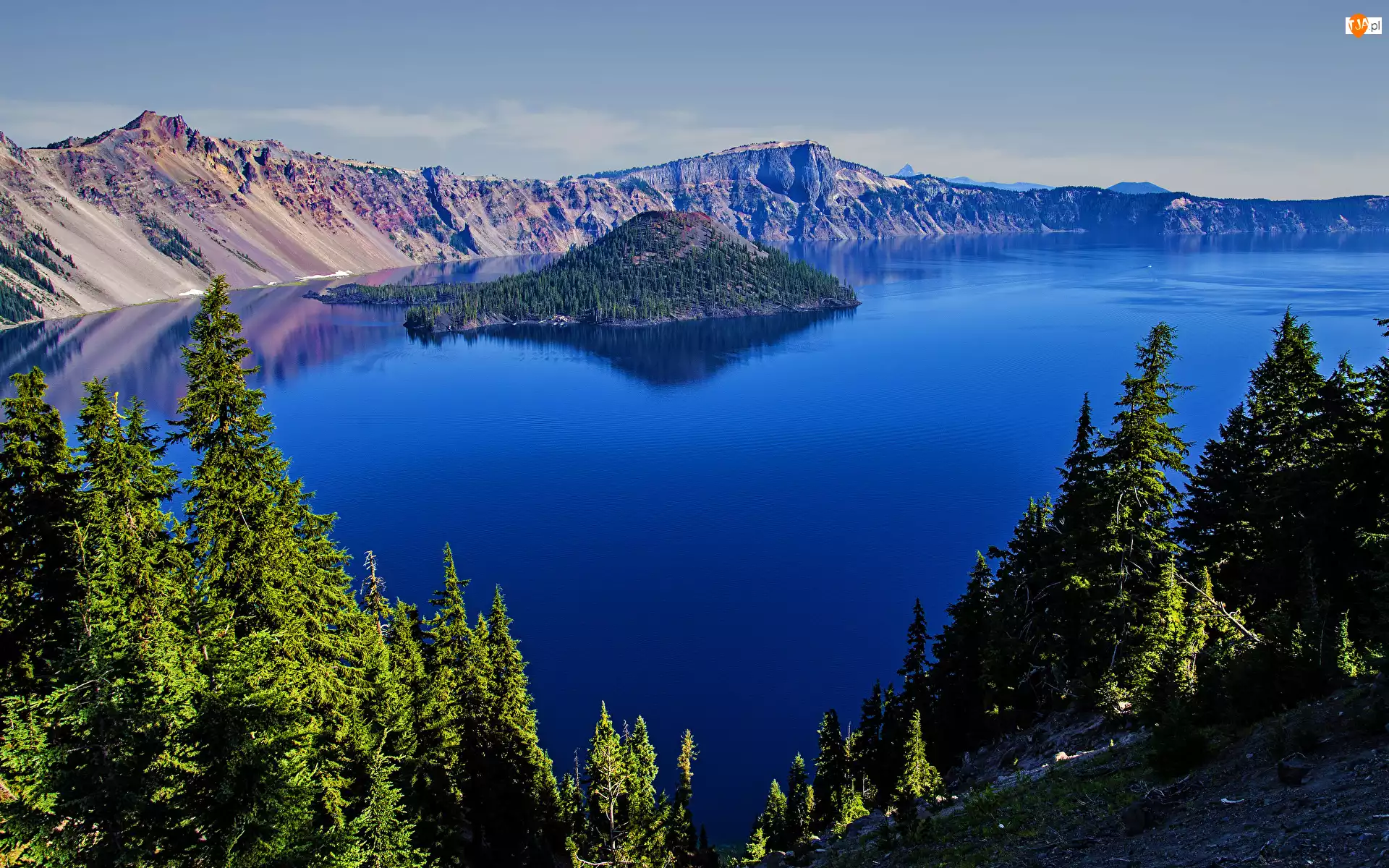 Wyspa Czarodzieja, Góry, Stany Zjednoczone, Jezioro Kraterowe, Oregon, Park Narodowy Jeziora Kraterowego, Drzewa