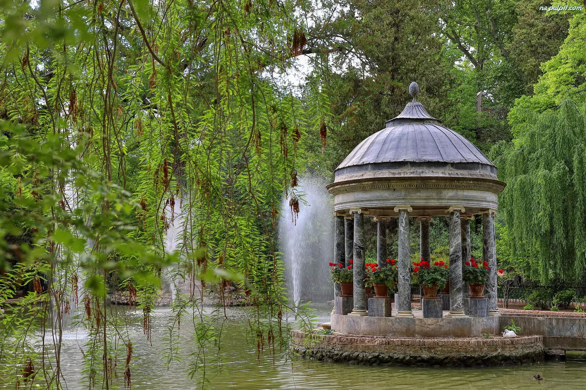 Jardín del Príncipe, Staw, Drzewa, Aranjuez, Altana, Ogród, Hiszpania, Fontanna