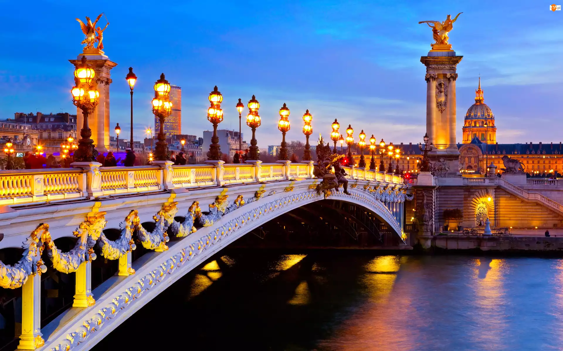 Most Aleksandra III, Rzeka Sekwana, Paryż, Francja, Latarnie