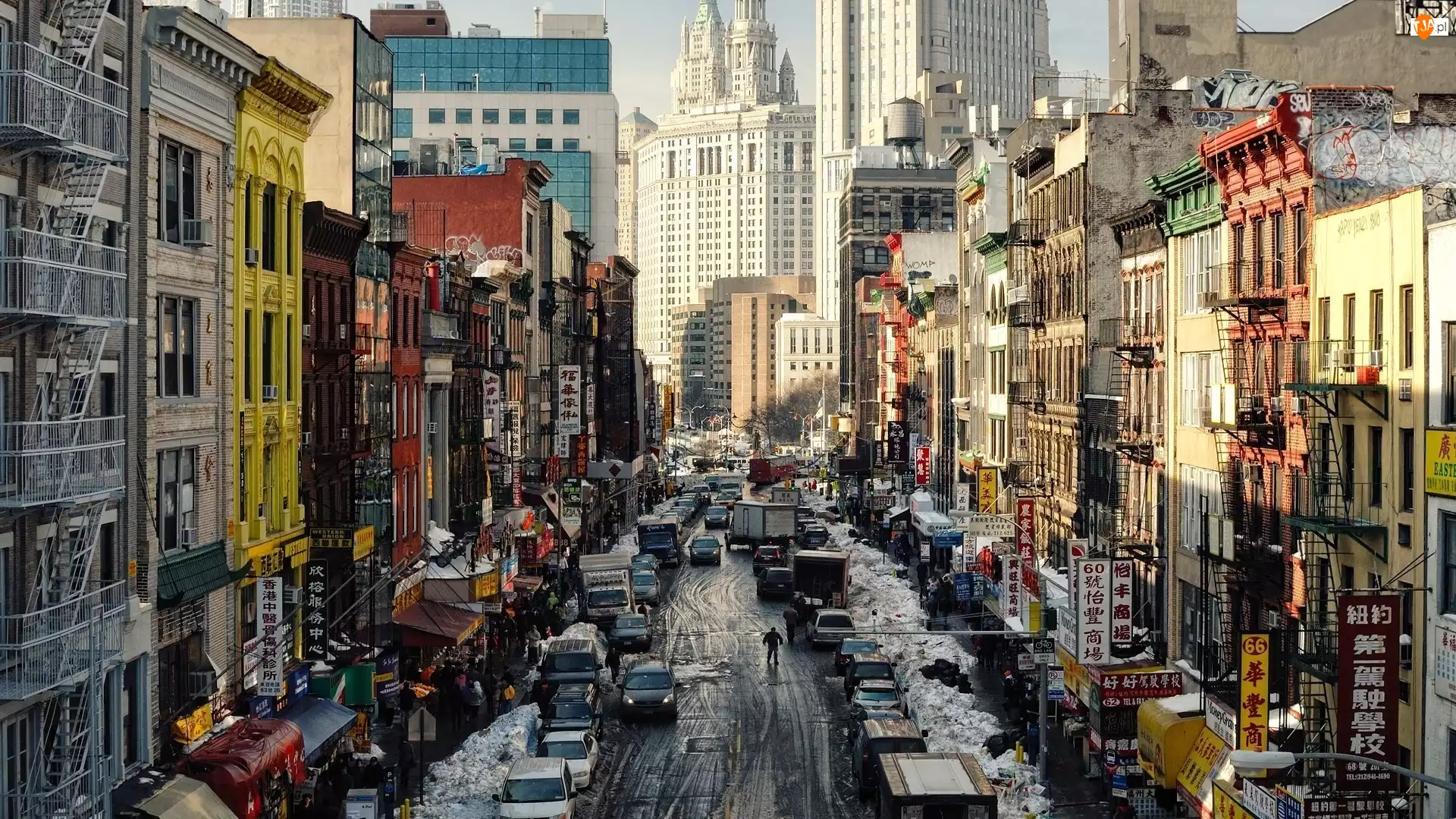 Nowy Jork, Stany Zjednoczone, Domy, Samochody, Chinatown, Ludzie